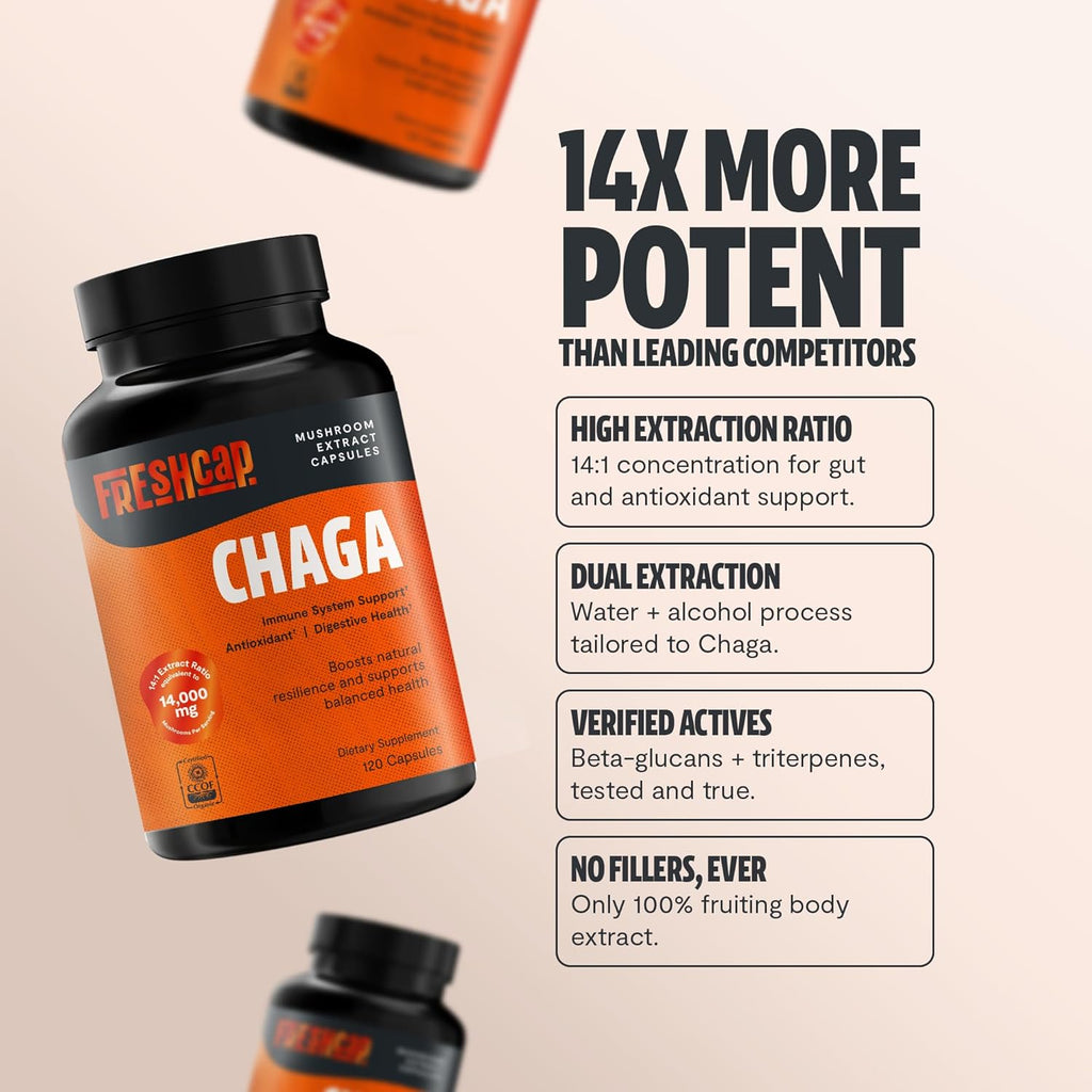 FreshCap Mushrooms Chaga Mushrooms Capsules 14,000mg - Mushroom Extract Antioxidants Supplement, Herbal Supplements, Ayurveda Nootropic Immunity Supplements (120 Capsules)
