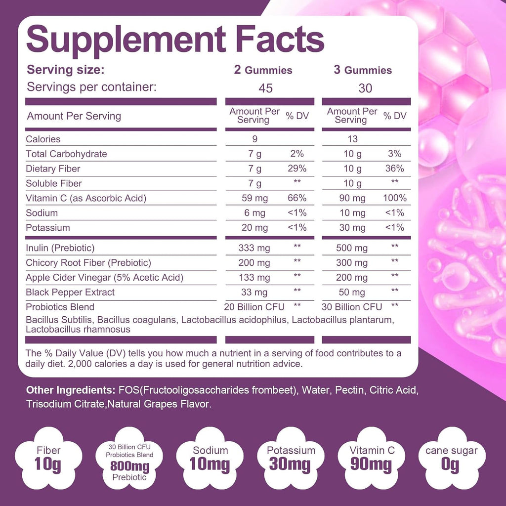 10G Fiber Gummies with 30 Billion CFU Probiotics, Grape Flavor, Bloating Support, Fiber Supplement with Vitamin C, ACV, Inulin, Sugar Free, 180 Count