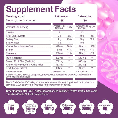 10G Fiber Gummies with 30 Billion CFU Probiotics, Grape Flavor, Bloating Support, Fiber Supplement with Vitamin C, ACV, Inulin, Sugar Free, 180 Count