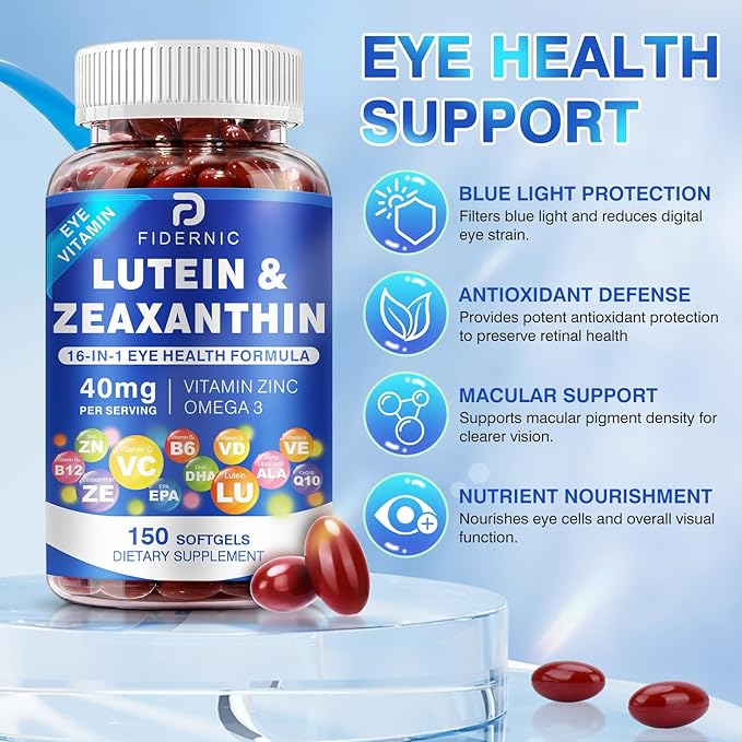 Lutein and Zeaxanthin Supplement - Eye Vitamins, 40 mg Lutein & 8 mg Zeaxanthin with Vitamins C, E, Zinc, Omega-3 & CoQ10 for Blue Light Protection, Eye Health Support  - 450 Softgels