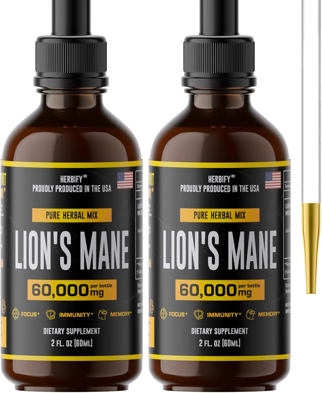 HERBIFY Lions Mane - Lions Mane Mushroom Supplement- Lions Mane Tincture - Immune Support - Lions Mane Tincture for Memory, Focus & Clarity - Daily Mushroom Supplement - 2 Fl oz 2 Pack