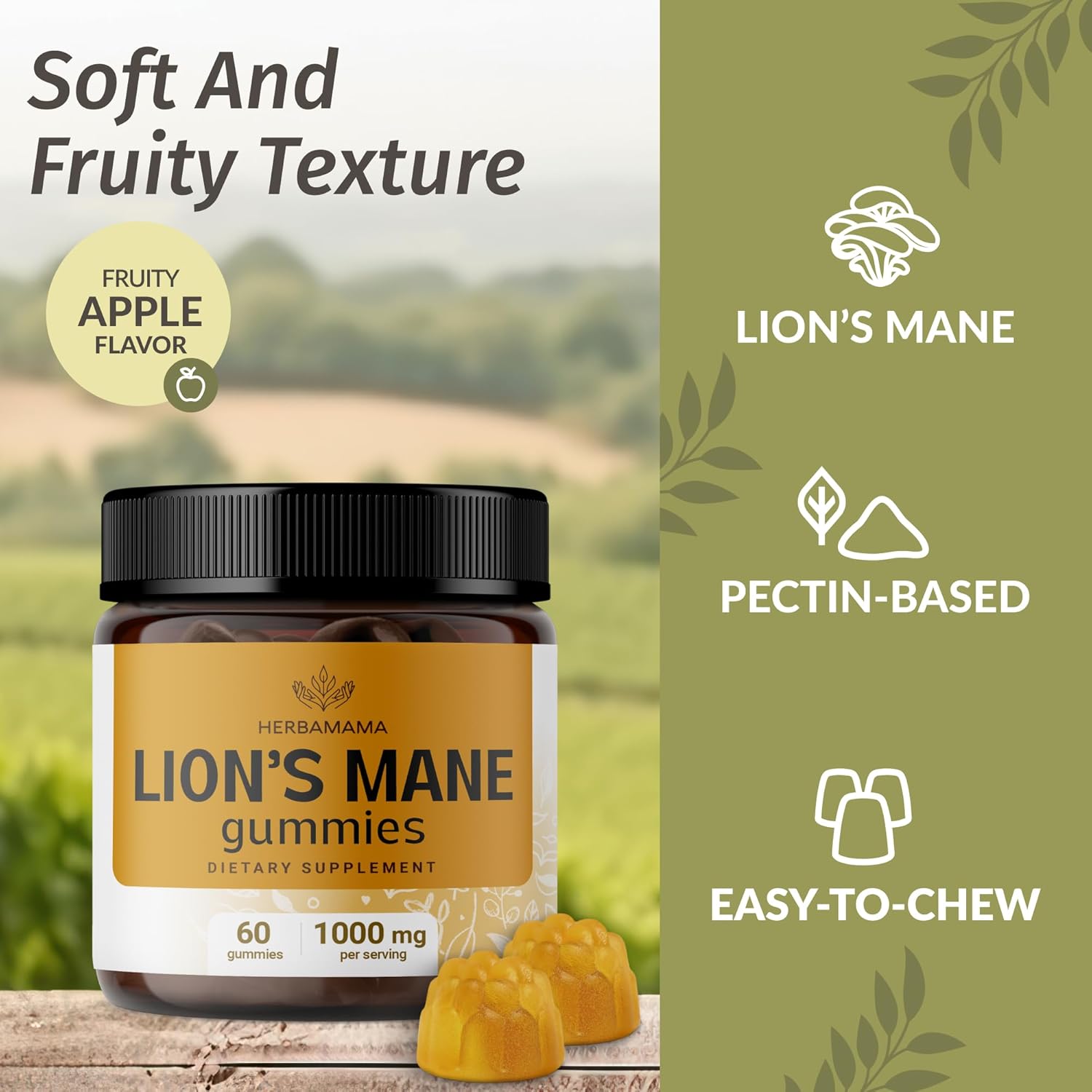 HERBAMAMA Lion's Mane Gummies - 1000mg Lion's Mane Mushroom for Brain Clarity Support - Vegan, Non-GMO Focus Supplement for Adults - 60 Pectin-Based Apple-Flavored Chews