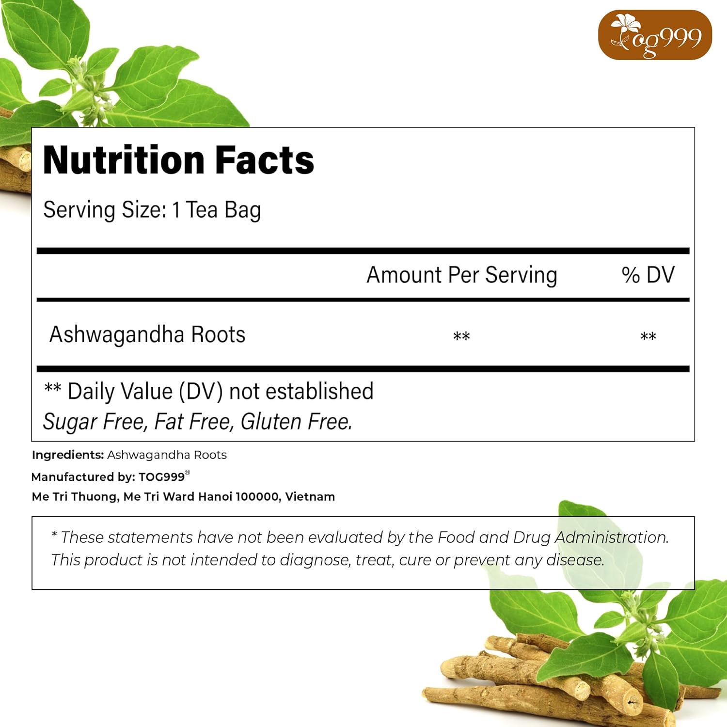 TOG999, Premium 60 Ashwagandha Root Tea Bags, 100% Natural & Pure, Ashwagandha Root Herbal Tea. No Sugar, No Caffeine, No Gluten, Vegan.
