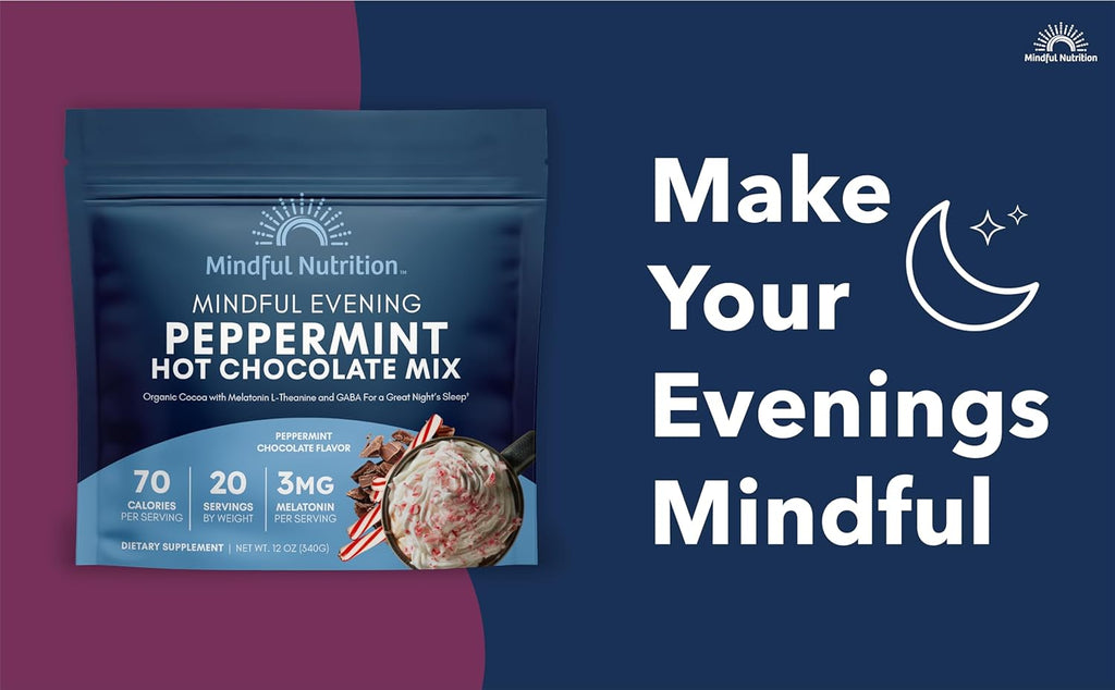 Mindful Evening Peppermint Cocoa Mix Natural Sleep Aid, Melatonin 3mg, L-Theanine, GABA Supplements, Natural Calm Sleep Support Stress Relief Calm Sleepy Cocoa Nighttime Peppermint Hot Chocolate