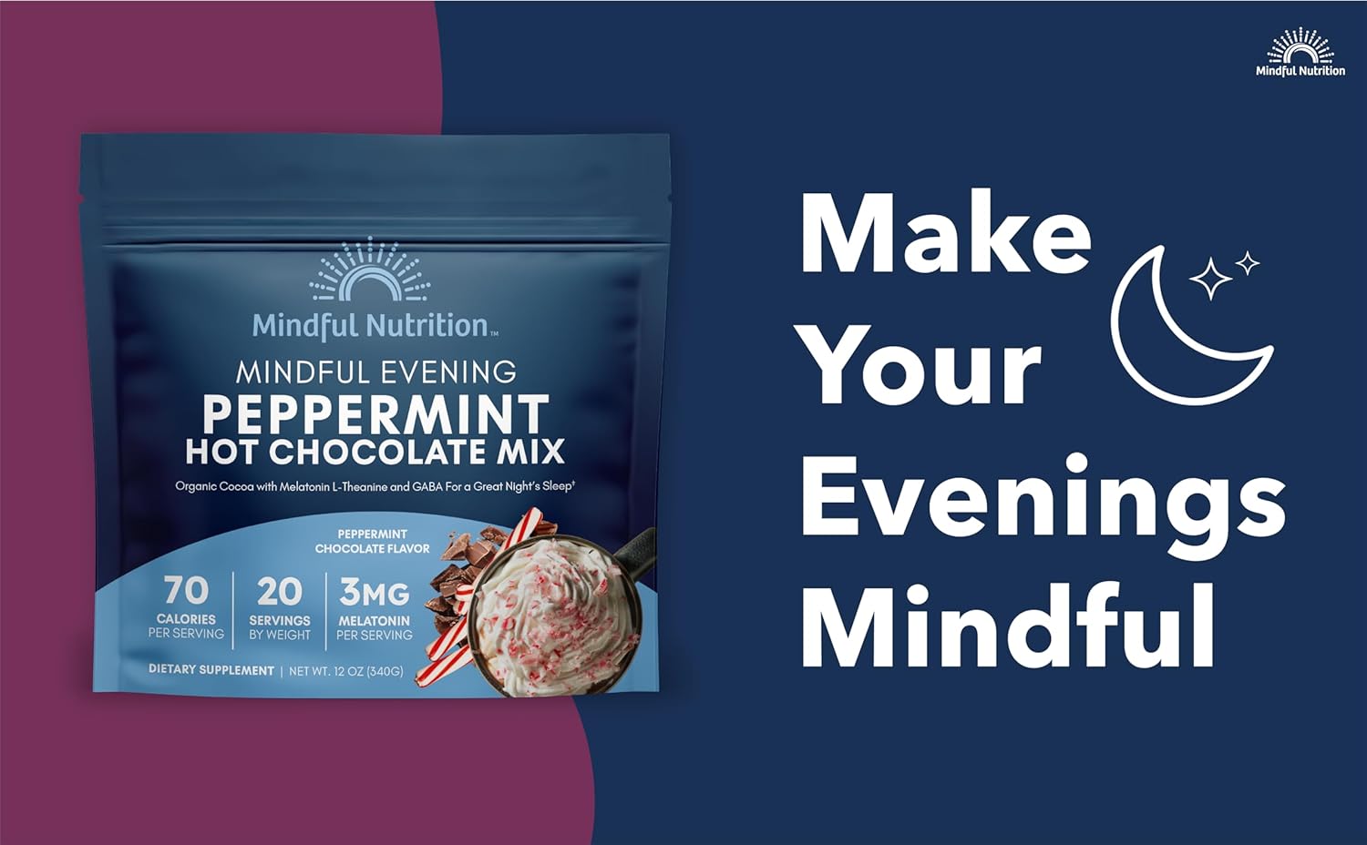 Mindful Evening Peppermint Cocoa Mix Natural Sleep Aid, Melatonin 3mg, L-Theanine, GABA Supplements, Natural Calm Sleep Support Stress Relief Calm Sleepy Cocoa Nighttime Peppermint Hot Chocolate