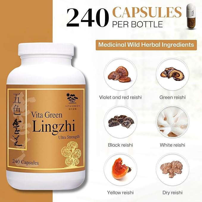 Vita Green Lingzhi Mushroom Supplement (五色靈芝) – Pure Reishi with Natural Antioxidants for Wellness, Energy, and Immune Support for Men & Women – 240 Capsules