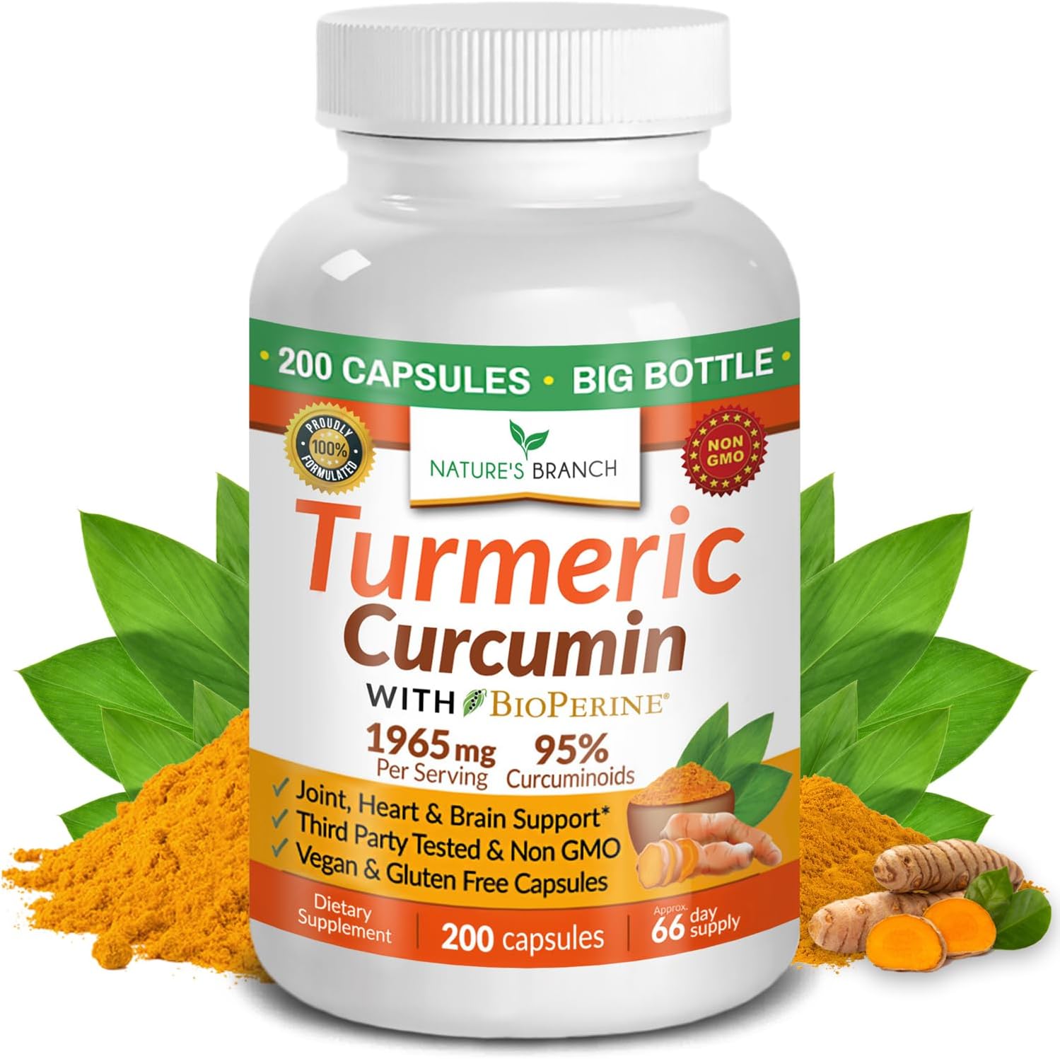 Turmeric Curcumin with Black Pepper - Organic Turmeric Powder - 200 Capsules - 1965mg Extra Strength, Joint Support Supplement - High Absorption, BioPerine Extract, High Potency, Vegan - Made in USA