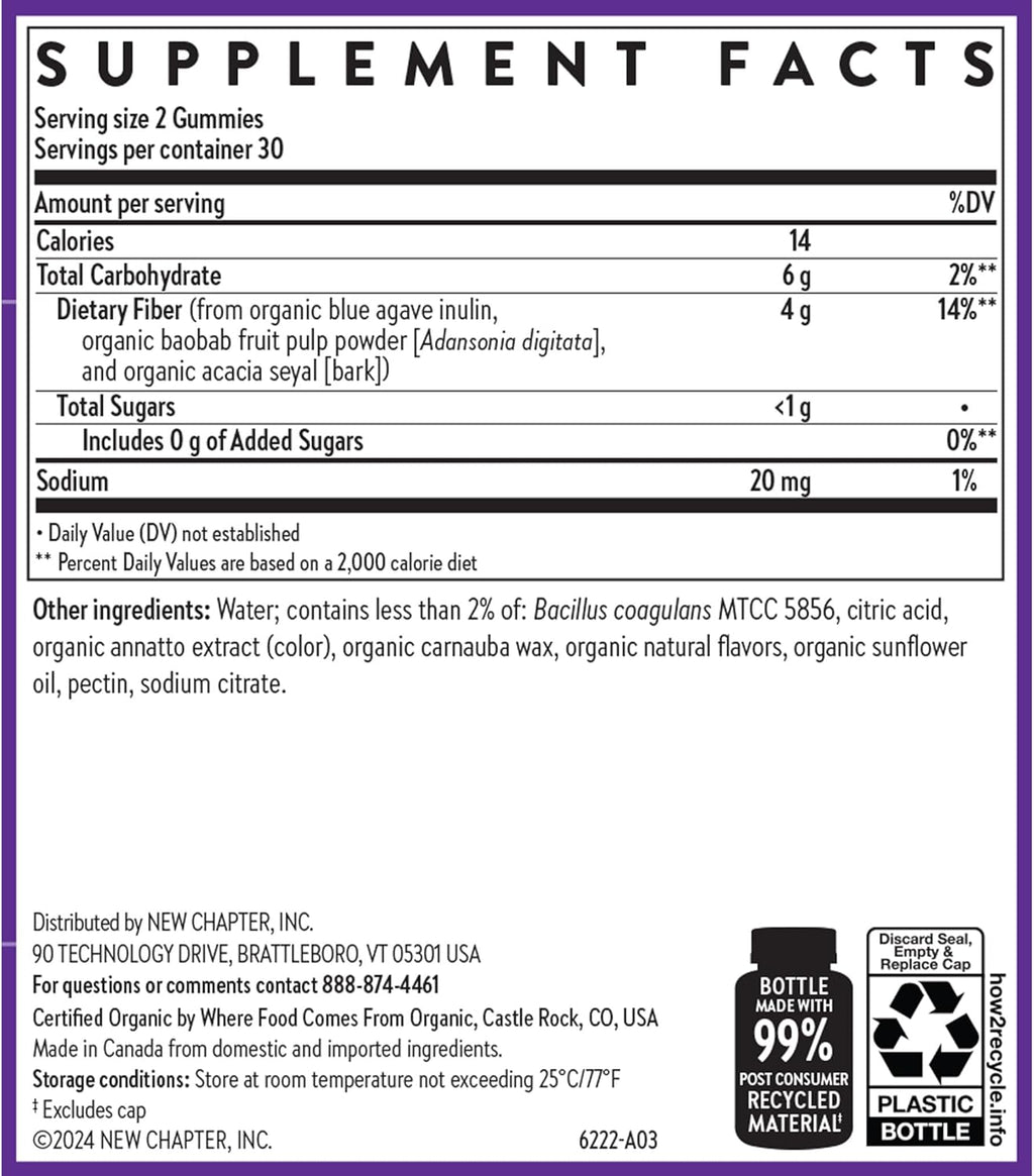 New Chapter Organic Fiber Gummies for Adults & Kids (Age 4+), Plant-Based Prebiotic Fiber for Digestive Health, Vegan, Non-GMO, USDA Organic, Gluten Free, Citrus-Berry Flavored, 60 ct