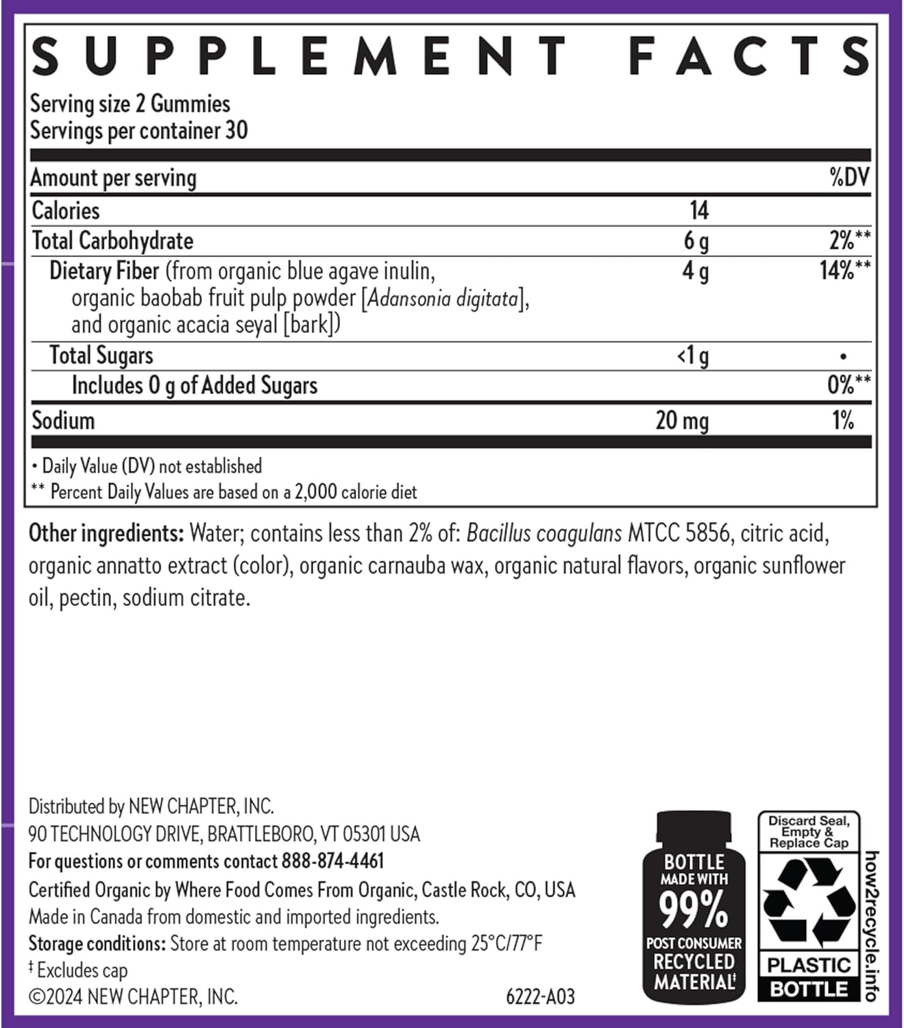 New Chapter Organic Fiber Gummies for Adults & Kids (Age 4+), Plant-Based Prebiotic Fiber for Digestive Health, Vegan, Non-GMO, USDA Organic, Gluten Free, Citrus-Berry Flavored, 60 ct