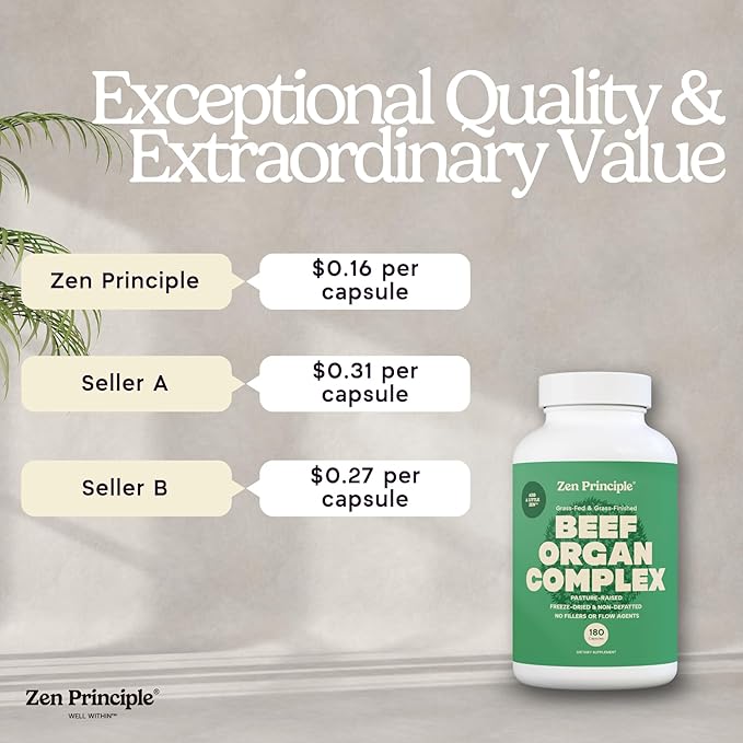 Zen Principle Grass Fed Beef Organs Supplement – Desiccated Liver, Heart, Kidney, Pancreas, Spleen, Intestine & Tripe/Stomach – Grass-Fed & Grass-Finished on The Natural Pastures of New Zealand