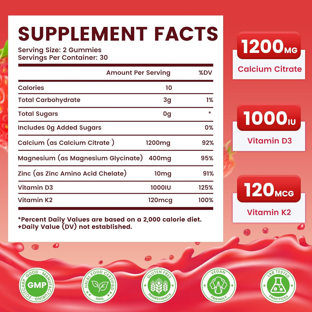 Calcium Citrate Gummies 1200mg, High Absorption Calcium Supplements with Vitamin D3, K2, Magnesium, Zinc for Bone, Muscle & Immune Support, Calcium Gummies for Women & Men, Strawberry Flavor 60 Count