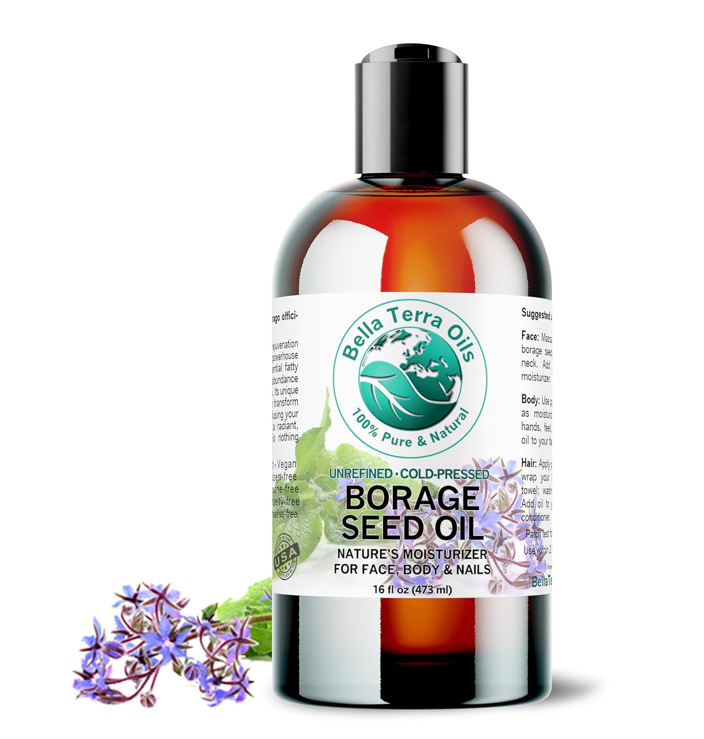 Bella Terra Oils - Organic Borage Seed Oil 16 oz - Unveiling the Power of GLA & Vital Vitamins, Pure Nourishment, Elevate Every Skin Care Routine