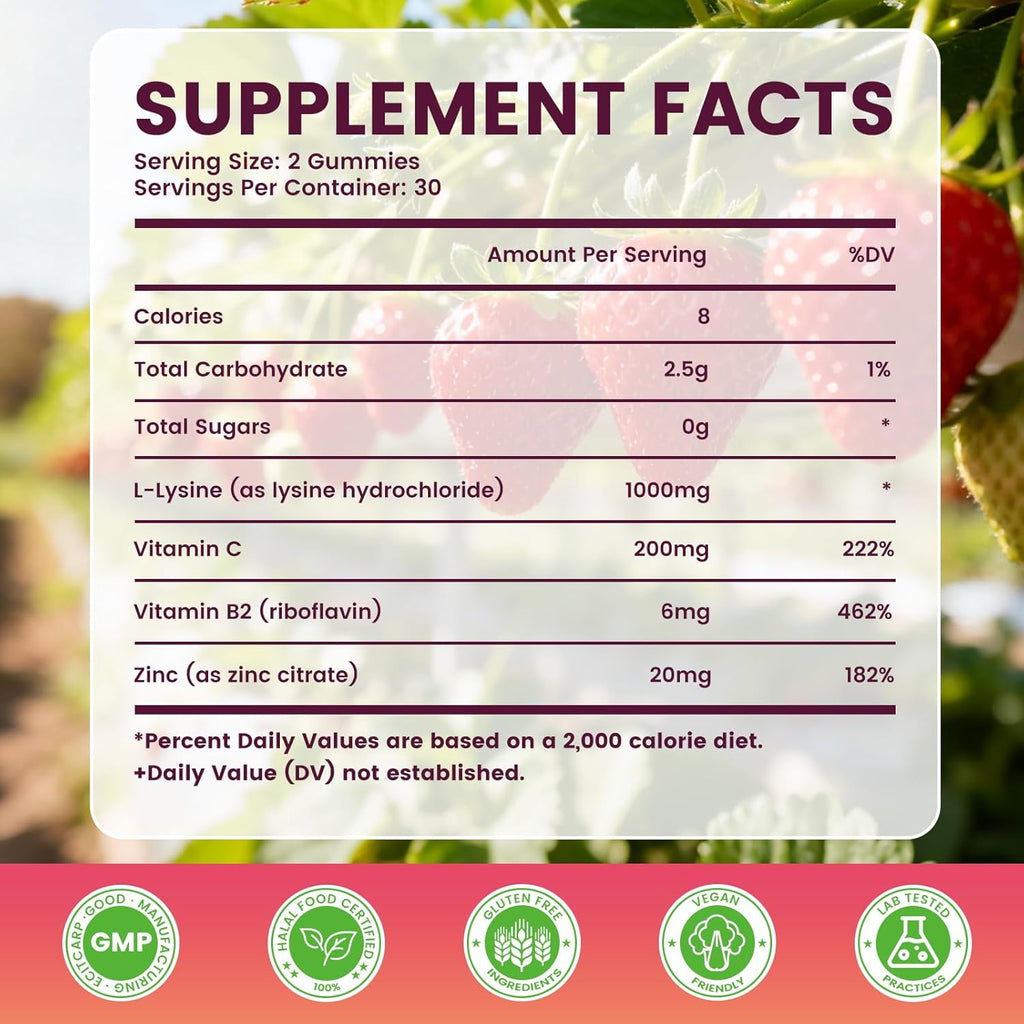L-Lysine Gummies 1000 mg for Kids and Adults, L-Lysine Supplements with Vitamin C, B2 for Lips & Oral Health, Immune Support & Collagen & Calcium- Vegan, Non GMO, Strawberry Flavor, 120 Count