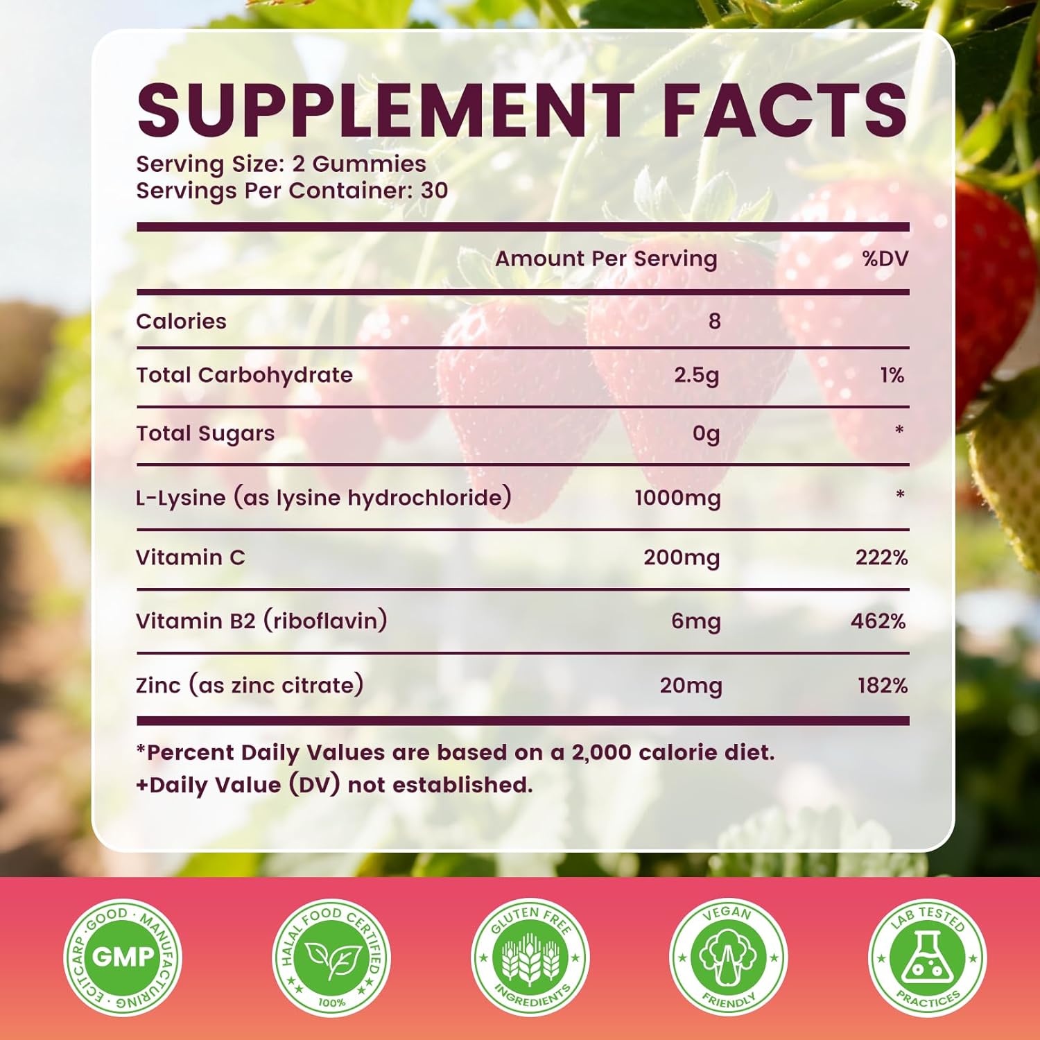 L-Lysine Gummies 1000 mg for Kids and Adults, L-Lysine Supplements with Vitamin C, B2 for Lips & Oral Health, Immune Support & Collagen & Calcium- Vegan, Non GMO, Strawberry Flavor, 120 Count