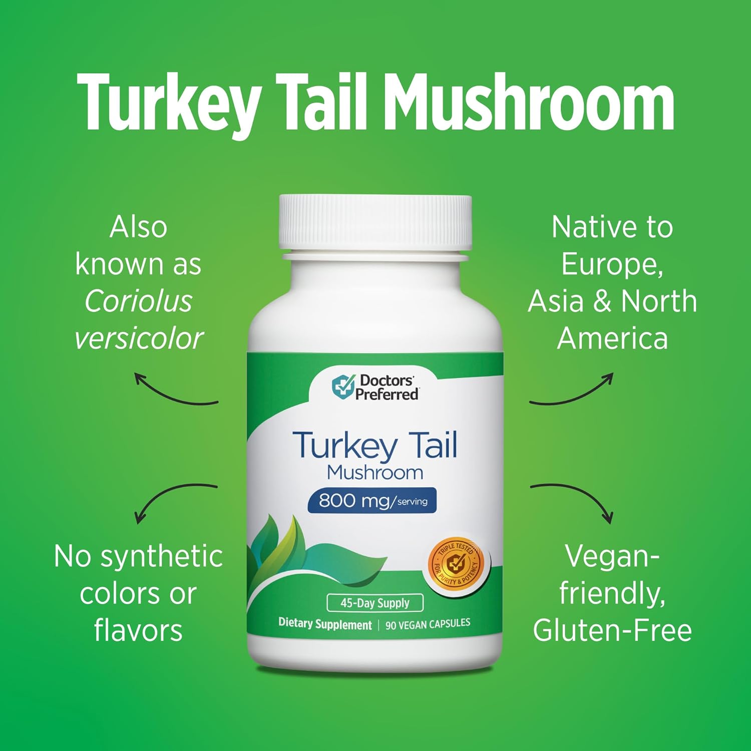 DOCTORS' PREFERRED Turkey Tail Mushroom Supplement - 800 MG/Serving, 90 Vegan Capsules