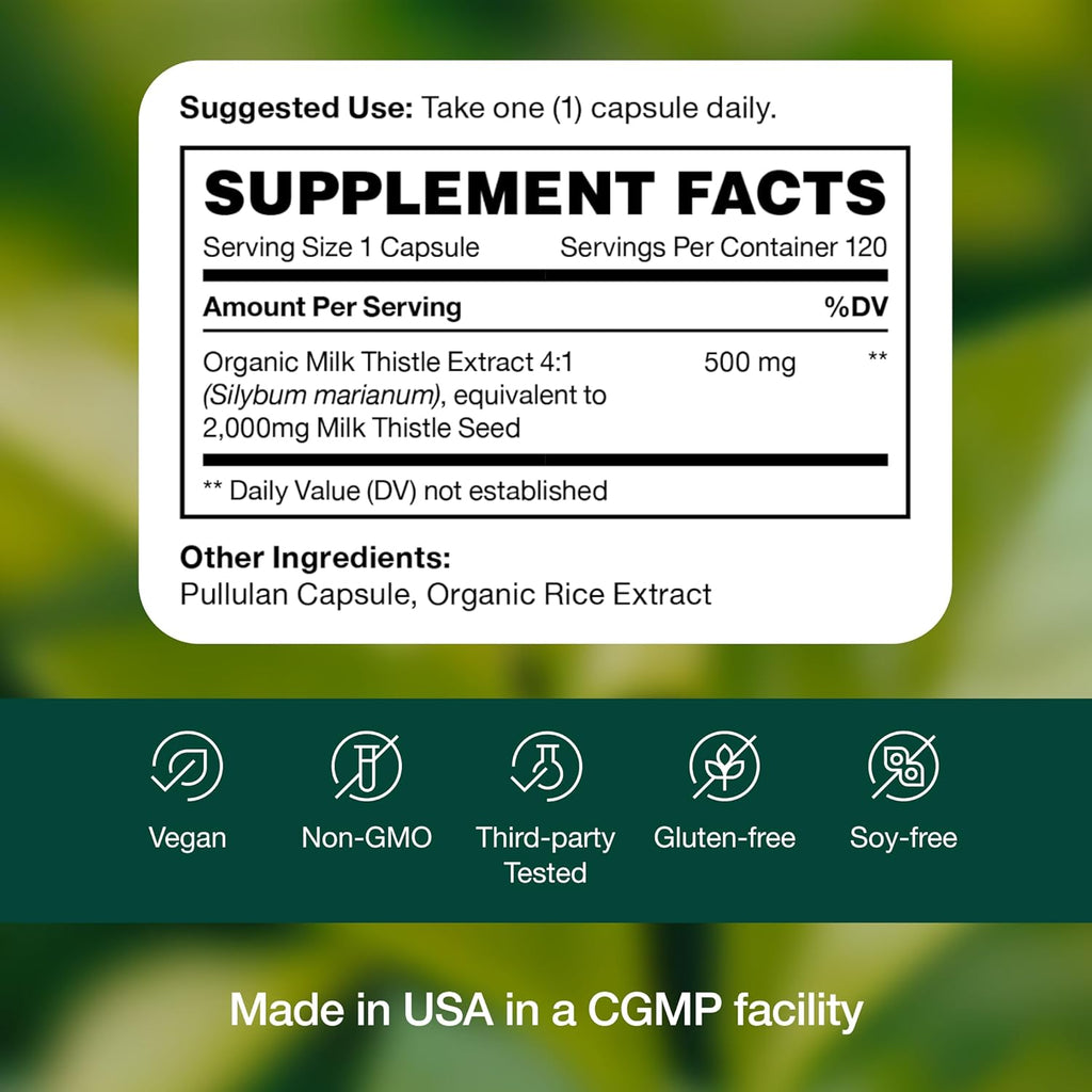 Fresh Nutrition Organic Milk Thistle Supplement - 500mg Potent Strength – 4 Month Supply – Silymarin Thistle Seed Standardized Extract 4:1 - Made in The USA - 120 Capsules