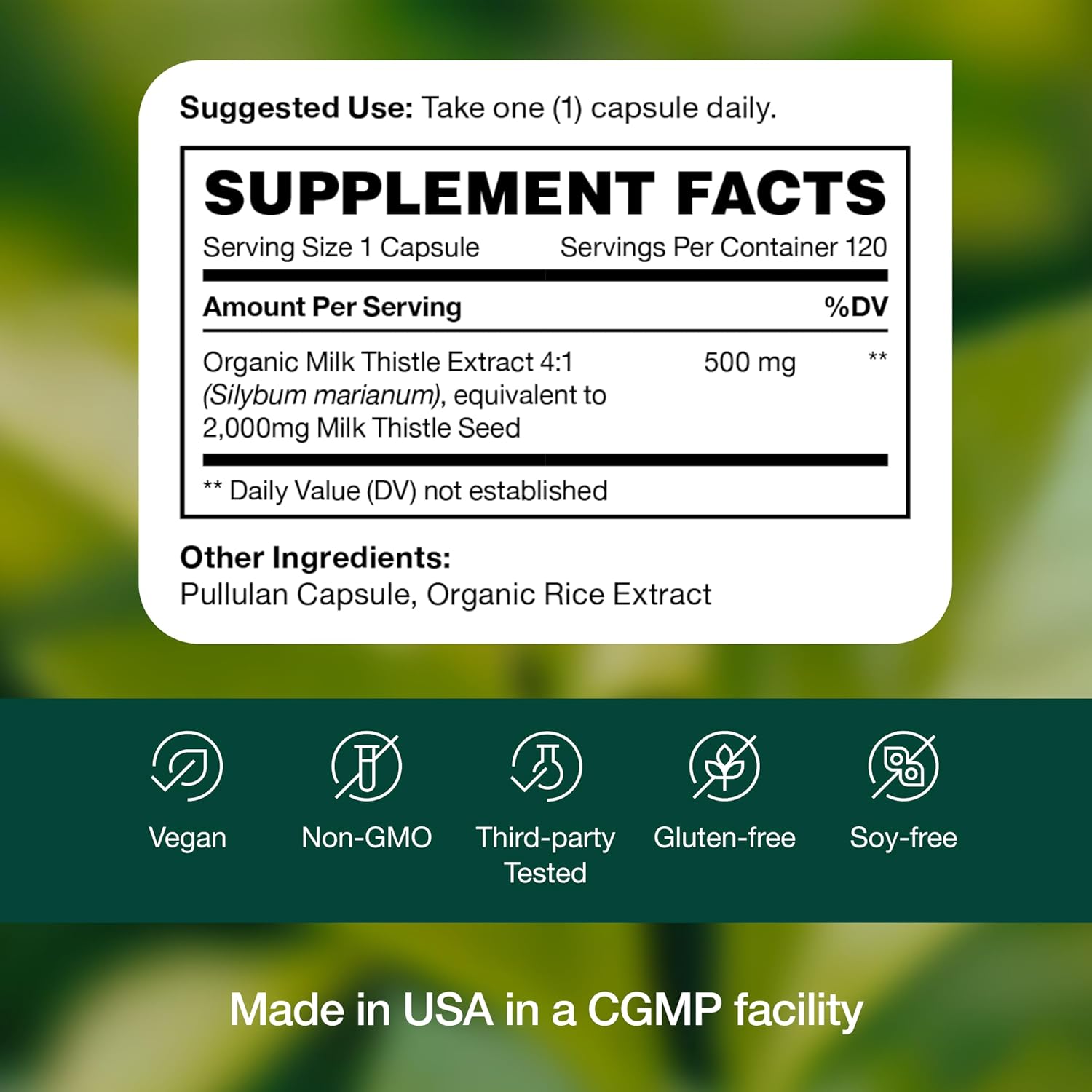 Fresh Nutrition Organic Milk Thistle Supplement - 500mg Potent Strength – 4 Month Supply – Silymarin Thistle Seed Standardized Extract 4:1 - Made in The USA - 120 Capsules