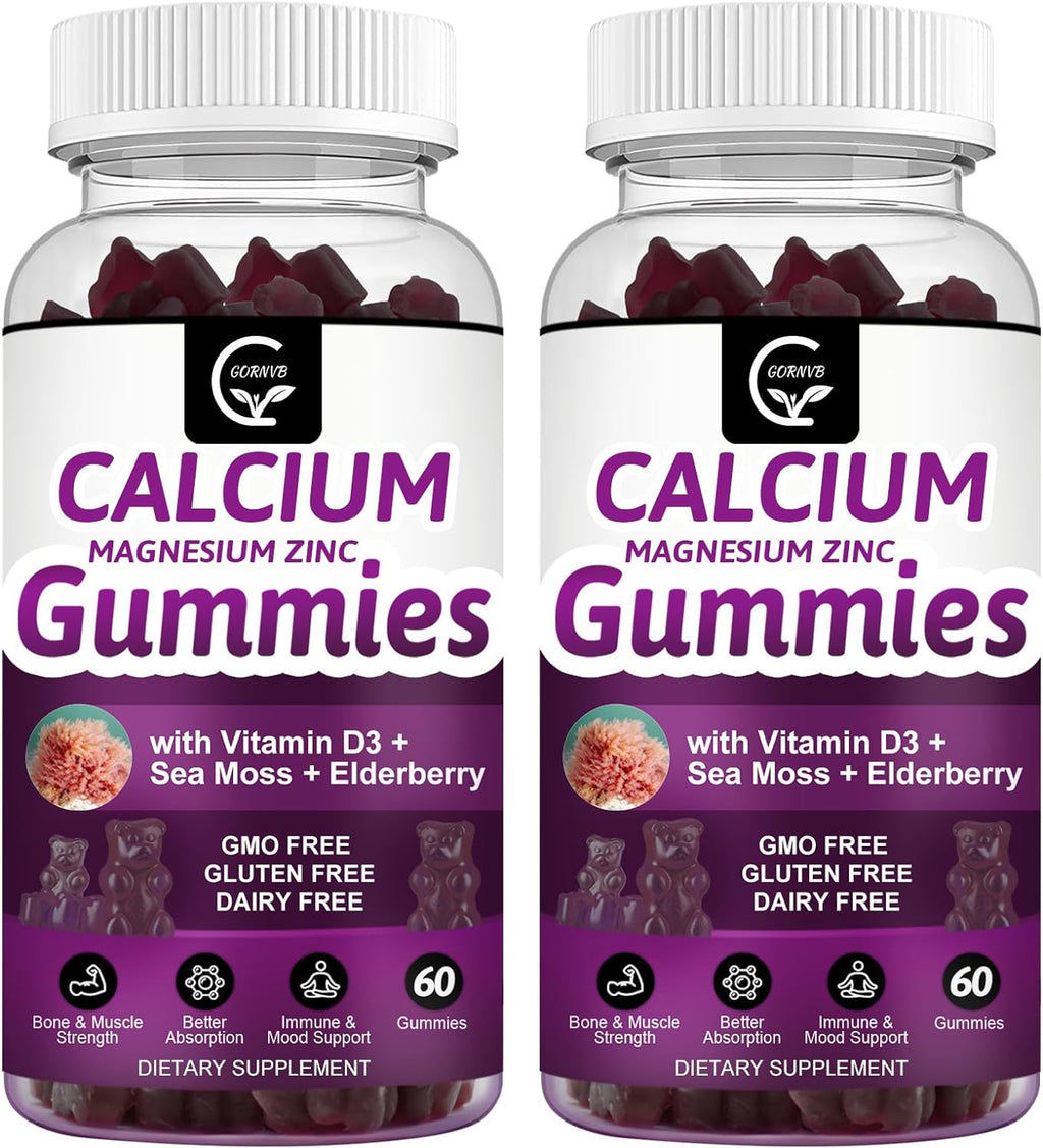 Calcium Magnesium Zinc Gummies with High Absorption Magnesium Glycinate Potassium - Plant Complex Calcium Magnesium 2:1 Ratio, with D3 Sea Moss for Bone, Muscles, Immune & Sleep Support, Vegan-2 Pack