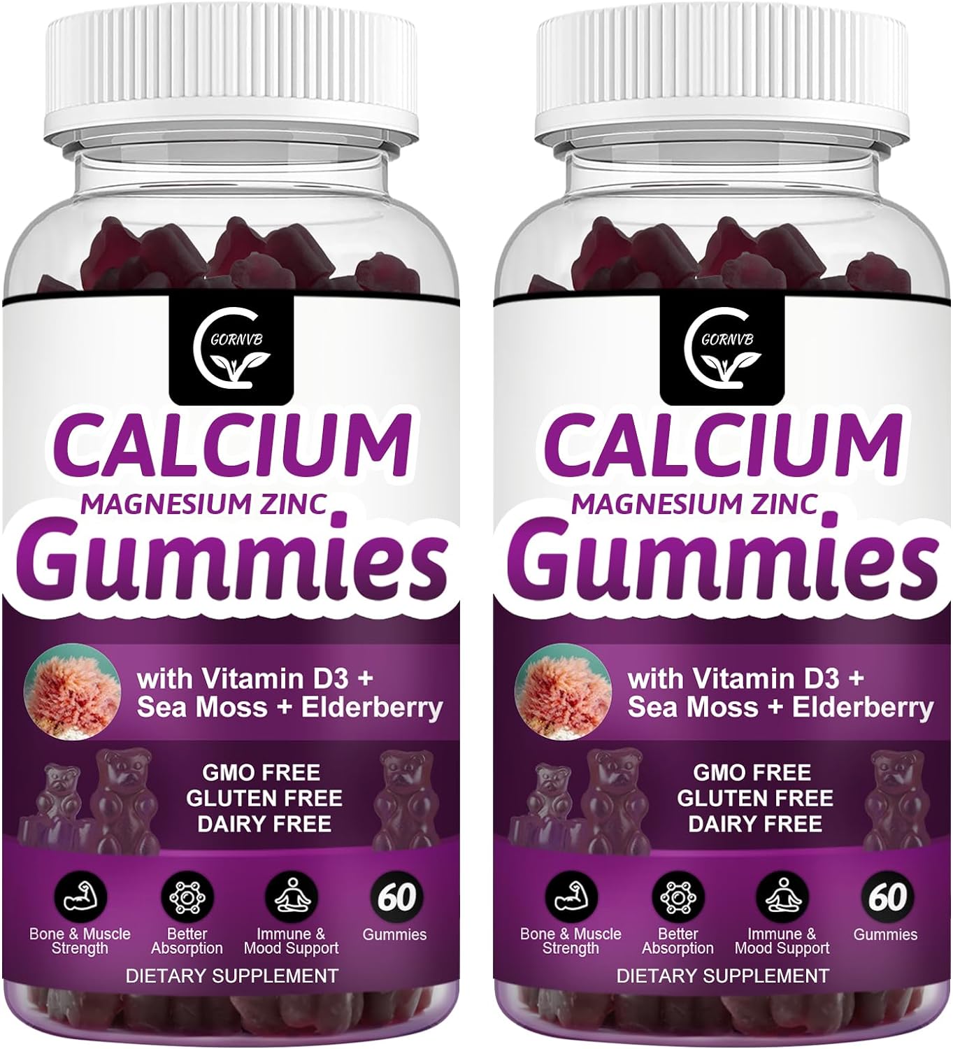 Calcium Magnesium Zinc Gummies with High Absorption Magnesium Glycinate Potassium - Plant Complex Calcium Magnesium 2:1 Ratio, with D3 Sea Moss for Bone, Muscles, Immune & Sleep Support, Vegan-2 Pack
