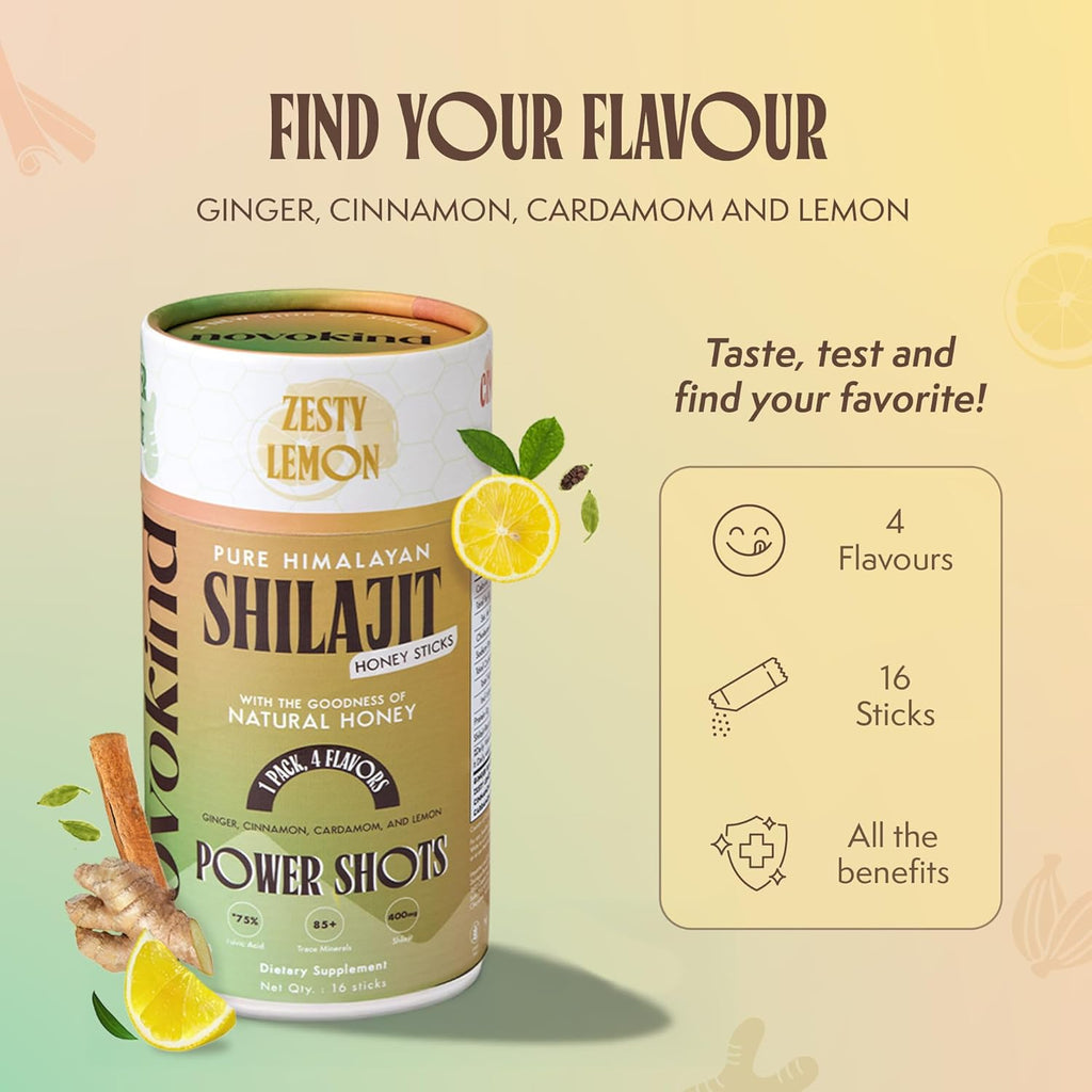 Pure Himalayan Shilajit Sticks with Honey | Discovery Set - Cardamom, Cinnamon, Ginger, Lemon | On-The-Go Natural Energy | 75%+ Fulvic Acid | 85+ Trace Minerals for Men & Women, Pack of 16