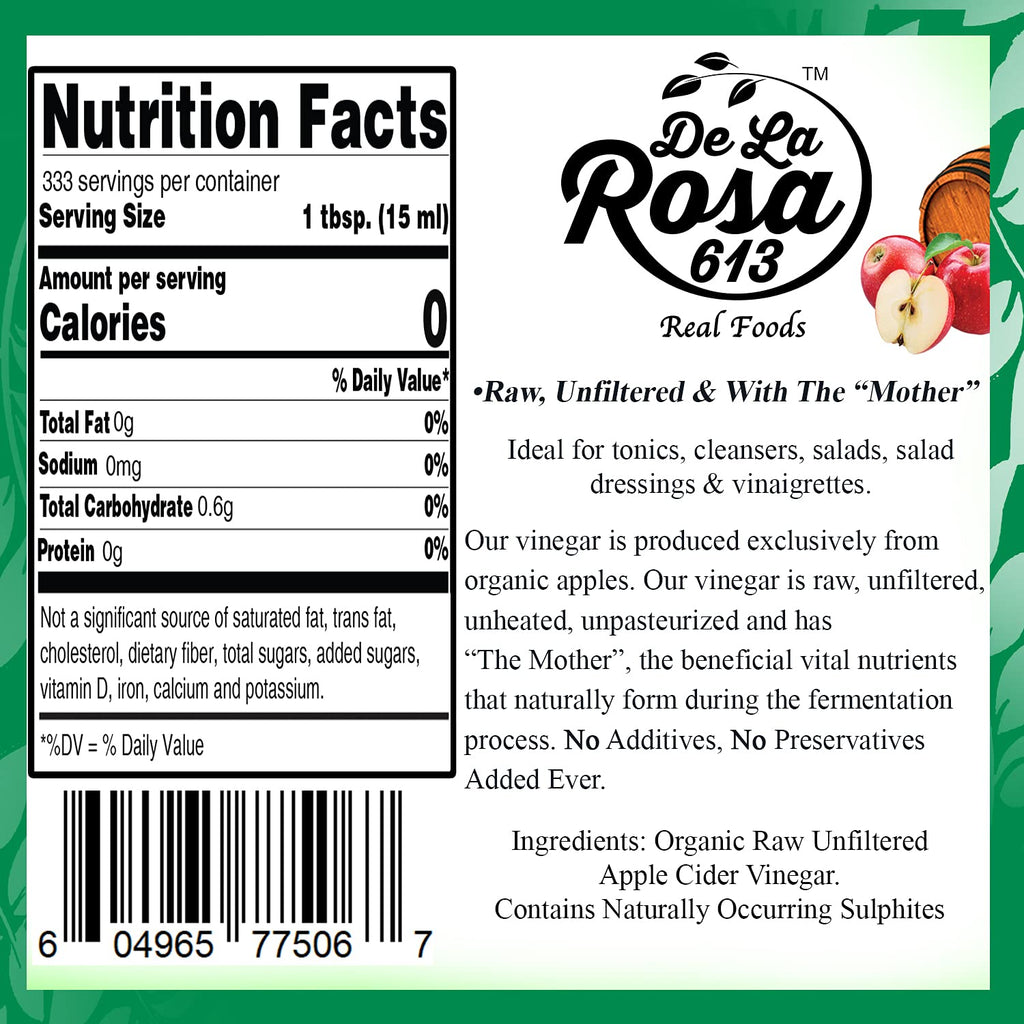 De La Rosa Organic Apple Cider Vinegar, Raw & Unfiltered, Kosher for Passover, Vegan & Gluten Free, Great for Salad Dressing & Marinades, Apple Cider with The Mother, 5 Liter (Pack of 1)