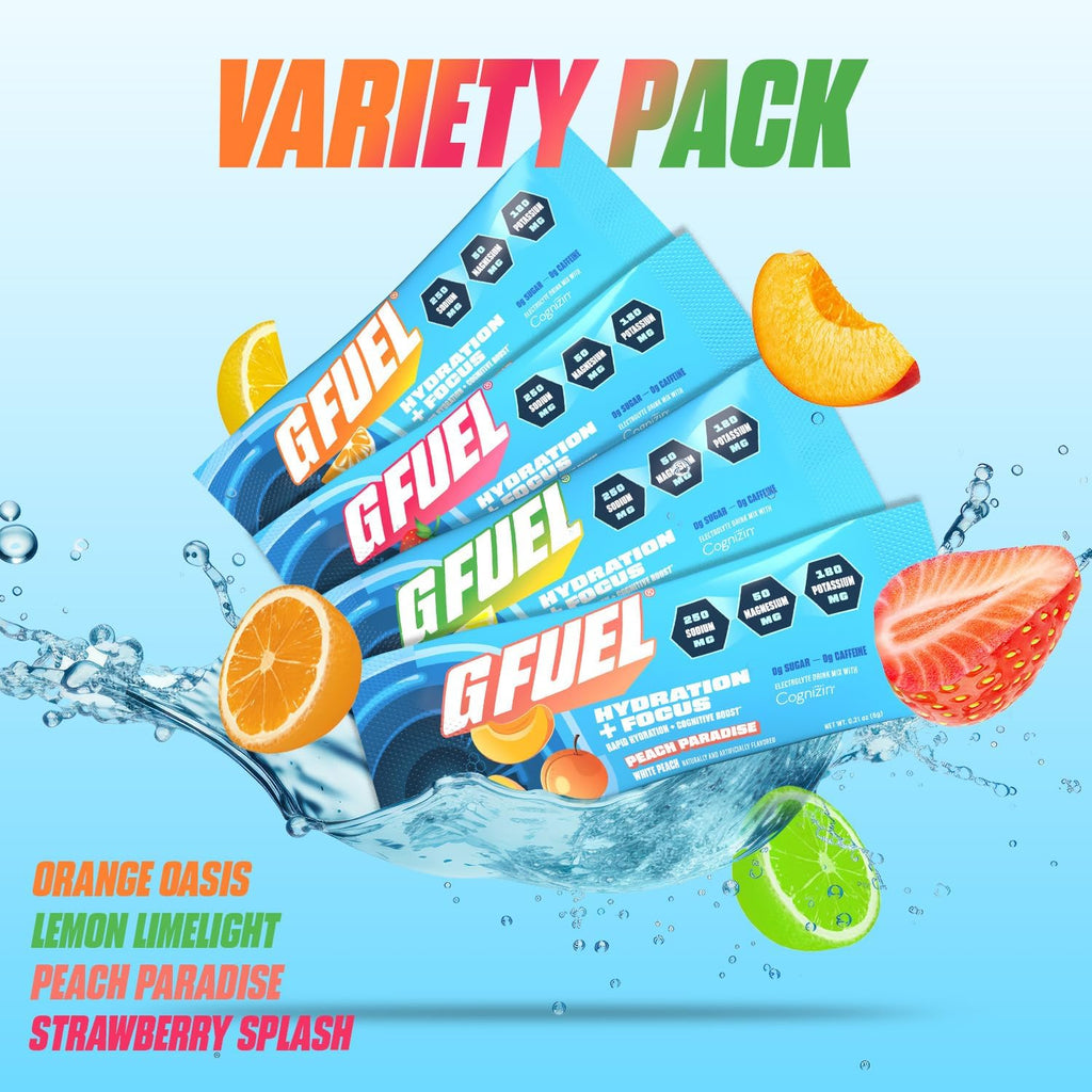 G Fuel Electrolytes Powder for Instant Hydration and Focus | Sugar Free Electrolytes Variety Pack of Lemon, Orange, Peach, Strawberry, Nootropic Drink Mixes to Sharpen Mental Focus, 12 Servings