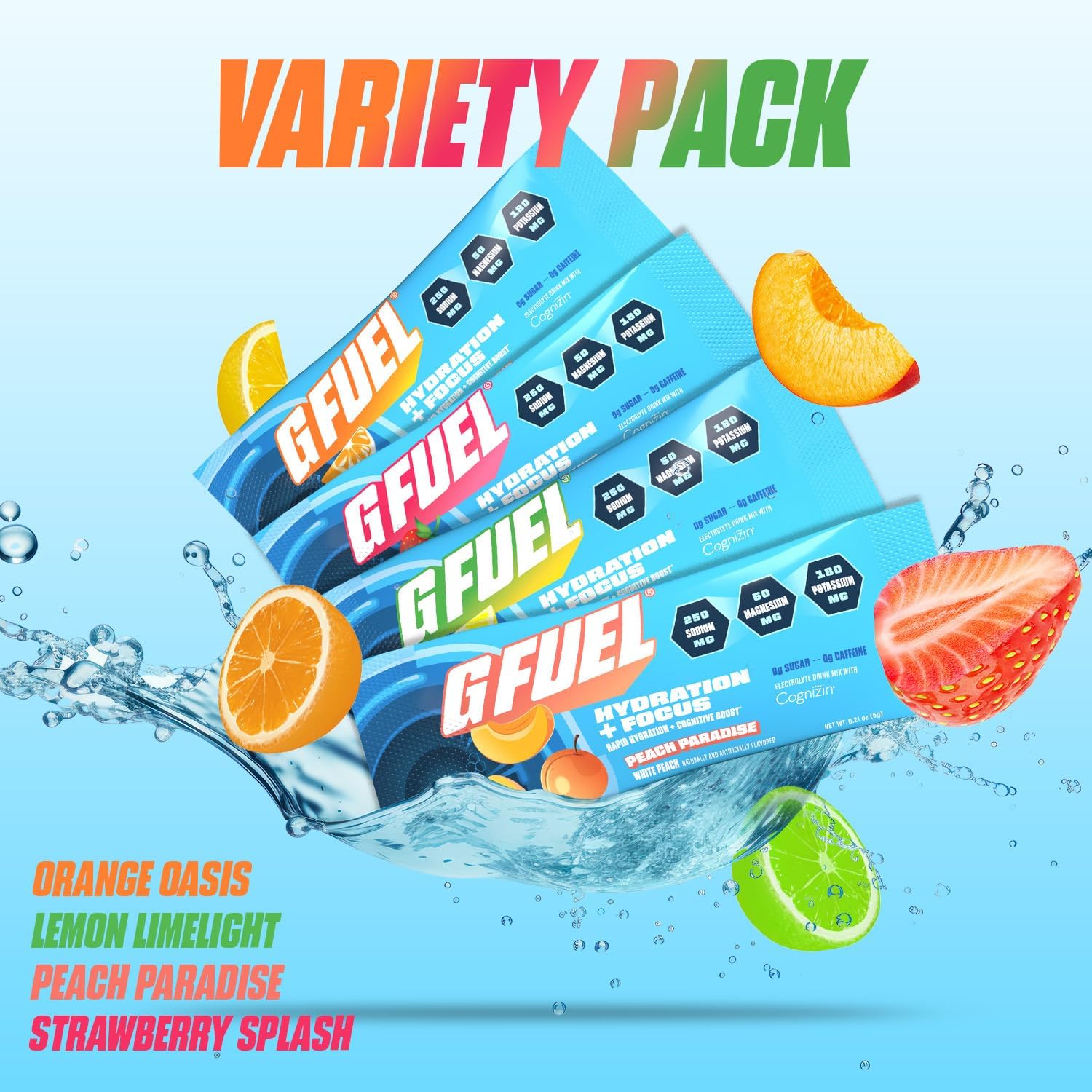 G Fuel Electrolytes Powder for Instant Hydration and Focus | Sugar Free Electrolytes Variety Pack of Lemon, Orange, Peach, Strawberry, Nootropic Drink Mixes to Sharpen Mental Focus, 12 Servings
