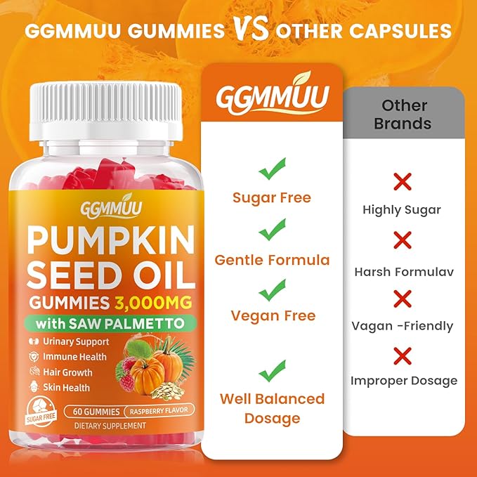 Pumpkin Seed Oil Gummies with Saw Palmetto, 3000mg Per Serving Pumpkin Seed Oil Supplement for Hair Growth, Skin Health, High Pure Extract for Women & Men, Vegan, Raspberry Flavor, 60 Count