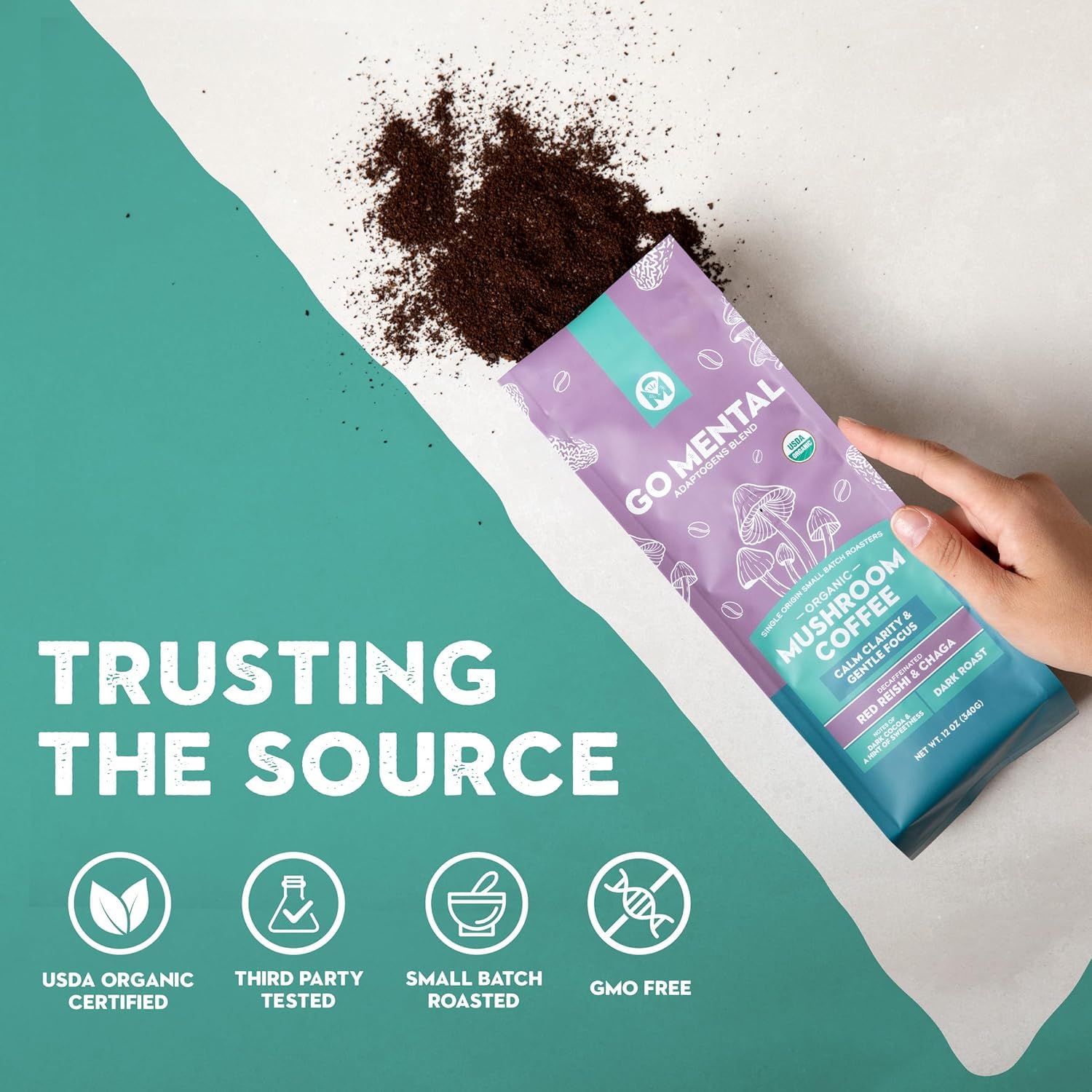 Organic Mushroom Decaffeinated Coffee Dark Roast, Swiss Water Water Process, Red Reishi & Chaga, Decaf for Calm and Relaxed Focus, Grade 1 Single Origin Peruvian 12oz - Ground (2 Pack)
