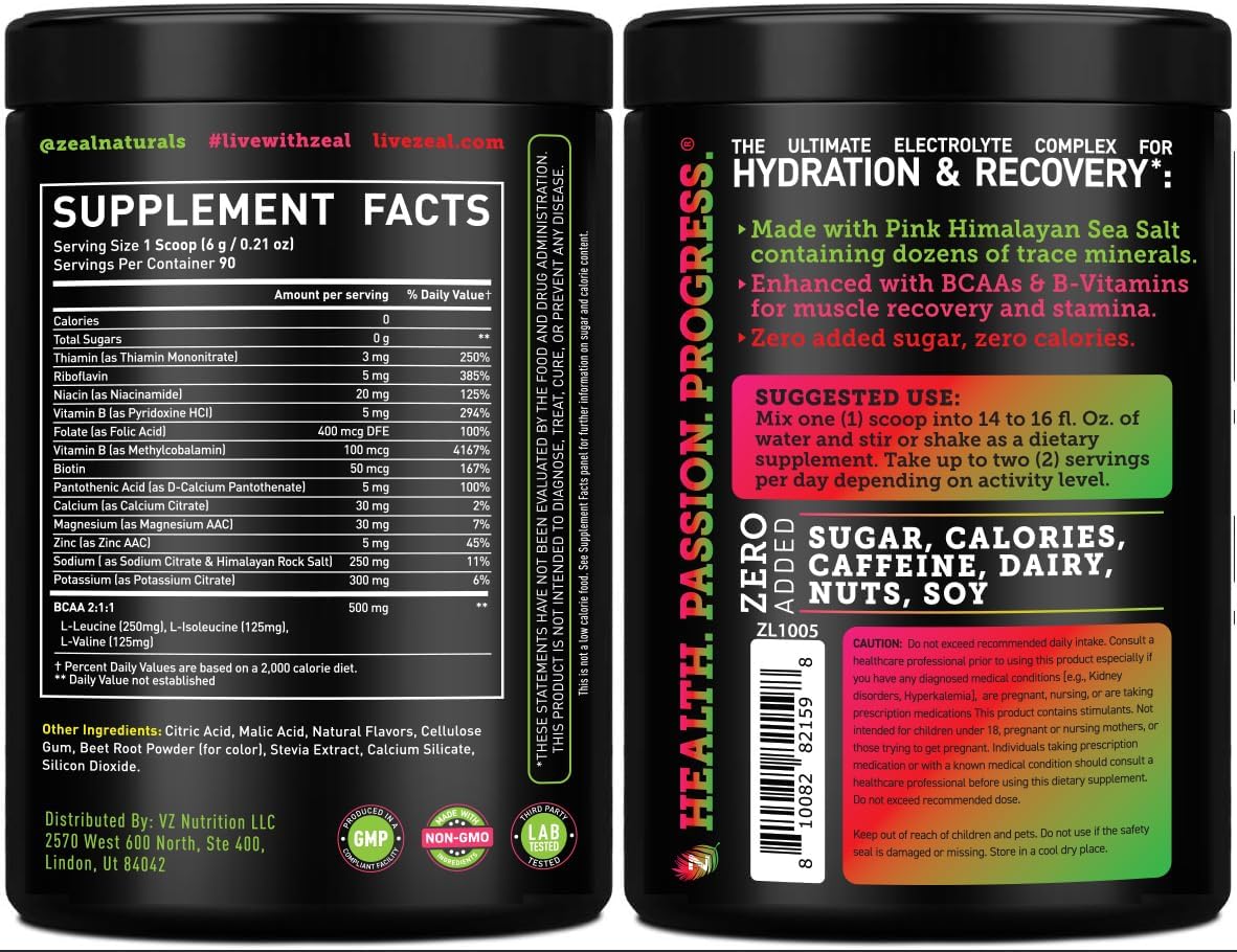 Zeal Electrolyte Powder - 90 Servings | Keto Electrolytes Powder | Zero Sugar, BCAAs, B-Vitamins | Potassium, Zinc, Magnesium | Hydration Powder Recovery Drink | Cherry Limeade