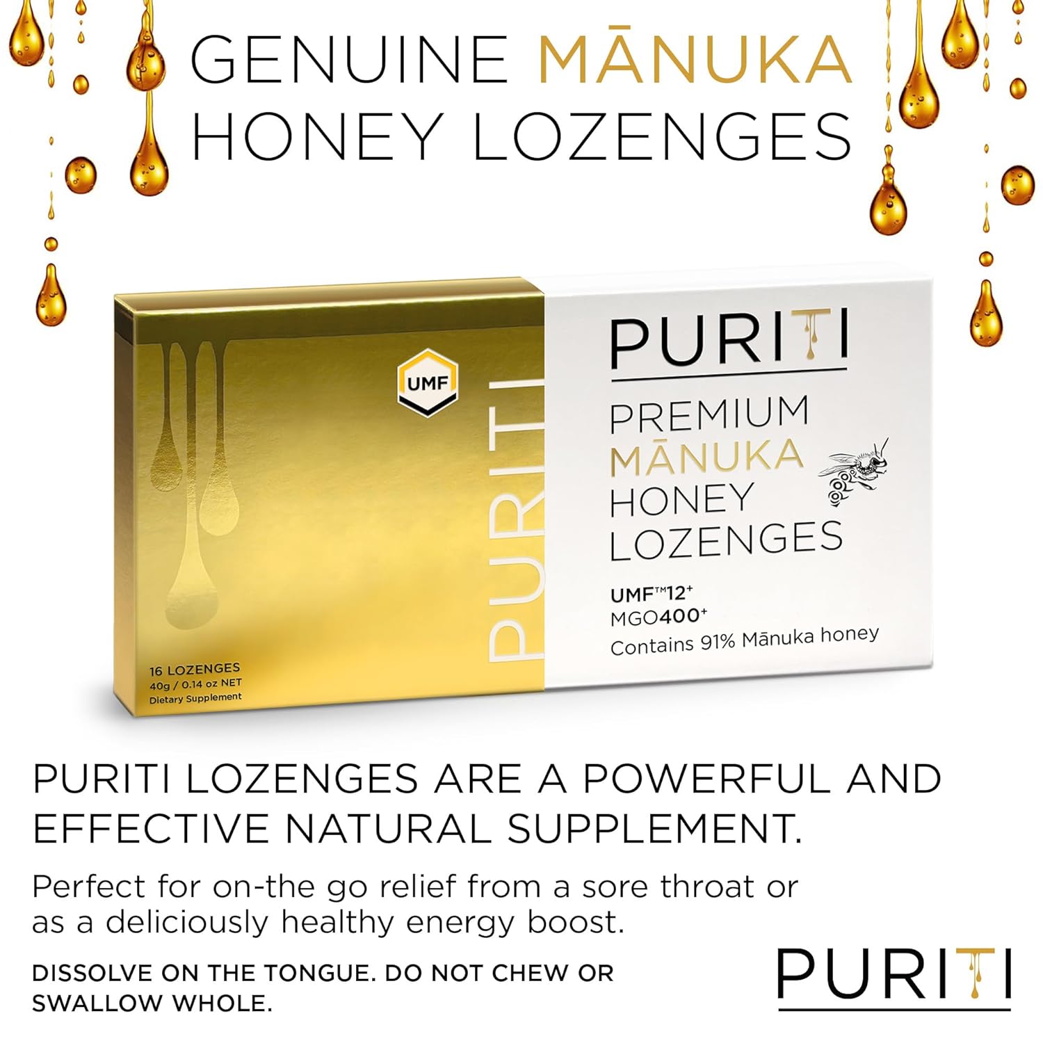 PURITI Premium Manuka Honey Lozenges High Potency - Sugar Free Drops | Genuine New Zealand Raw Manuka Honey Soothers for Coughs & Sore Throats | UMF Certified MGO 400+ UMF12+ (16 Pack)