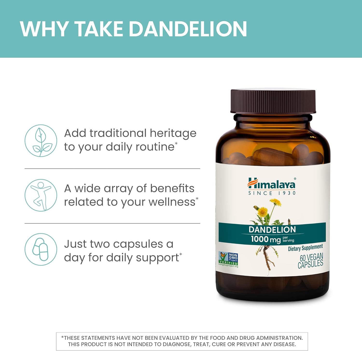Himalaya Dandelion, Herbal Supplement for Daily Wellness Support, Vegan, Gluten Free, 1,000 mg Dandelion Root, 60 Capsules