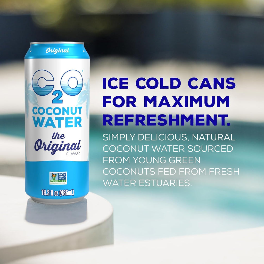 C2O - Coconut Water, The Original Flavor (8 Pack) - Made with Fresh Coconut Water - Plant Based - Non GMO - Canned Water - Natural Hydration, Essential Electrolytes, & Potassium - 8 Cans, 16.3 FL OZ