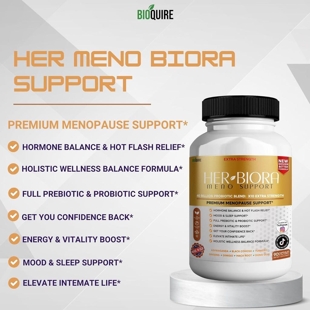 Her Biora Meno Support | Premium Menopause Probiotic Supplement | Hormone Balance, Hot Flash Relief, Mood & Sleep Support | Turmeric, Ashwagandha, Black Cohosh | 90 Capsules (2)