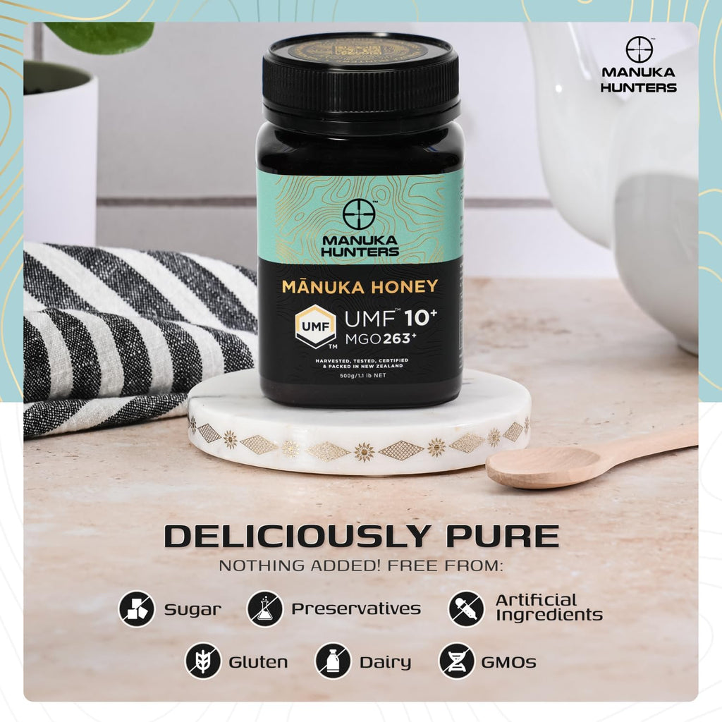 Manuka Hunters UMF 10+/MGO 263+ Certified New Zealand Manuka Honey - 100% Pure Natural Sweetener - Gluten, Dairy Free - Ideal for Tea, Coffee, Smoothies, and Baking - Sustainable - 1.1lb/500g Jar