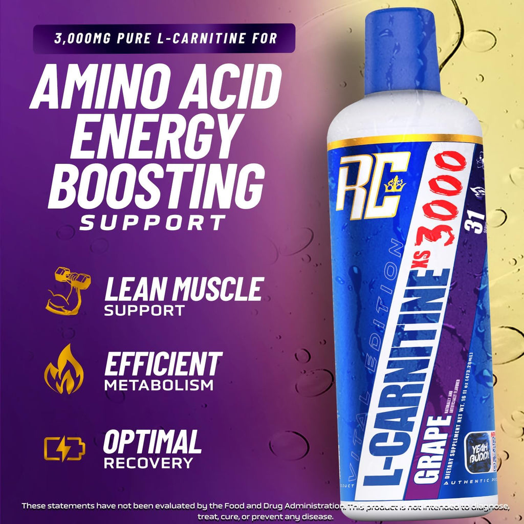 Ronnie Coleman Signature Series L-Carnitine XS 3000 Liquid, Amino Acids Metabolism and Lean Muscle Strength Support, Stimulant Free, Sugar Free, Zero Carbs, Grape, 16 Oz