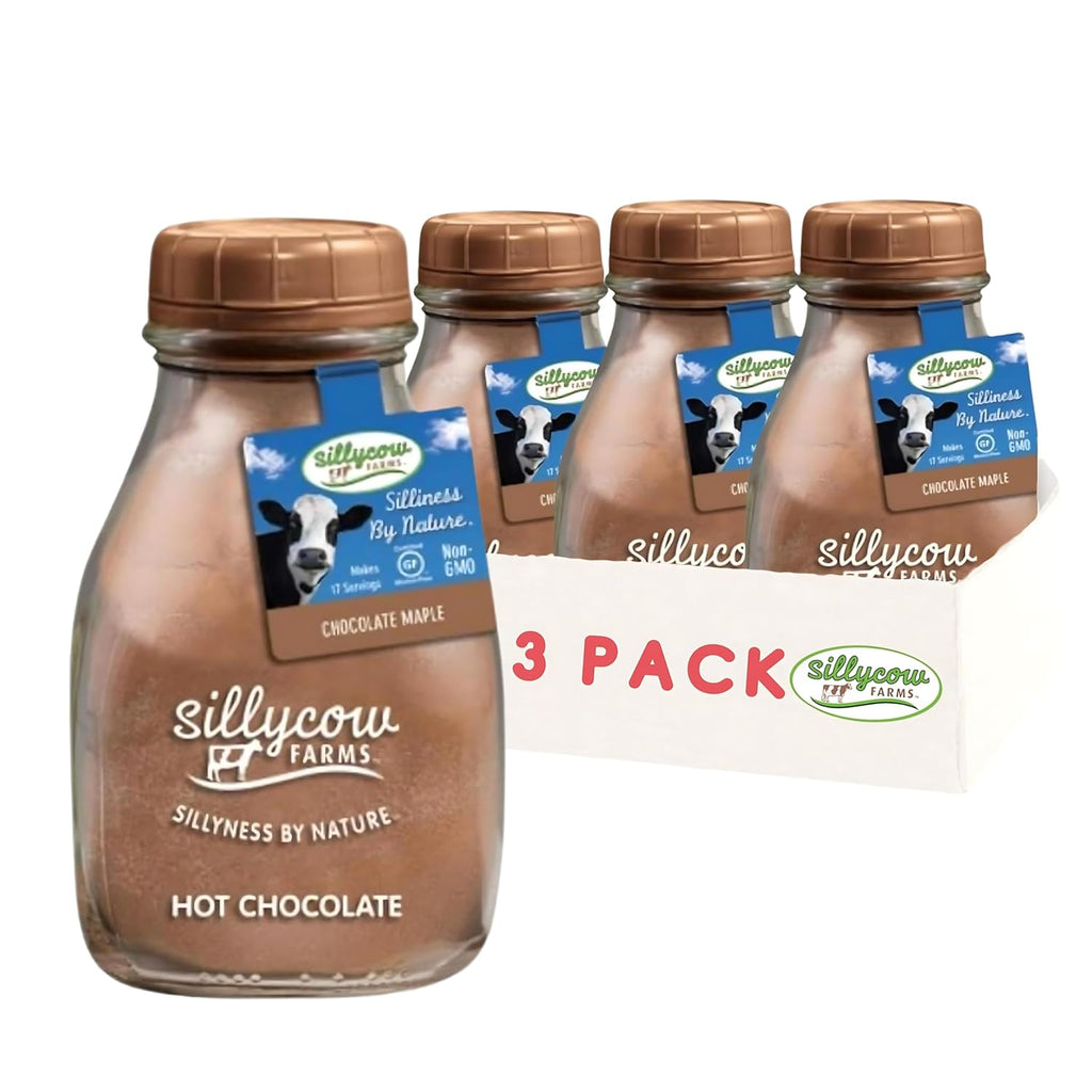 Sillycow Farms Maple Hot Chocolate Mix | Rich Chocolate Delight | Gluten-Free, Non-GMO| Dairy-Free Indulgence with Pure Cocoa Powder & Maple Flavor | Reusable 16.9 oz Glass Bottle (Pack of 3)