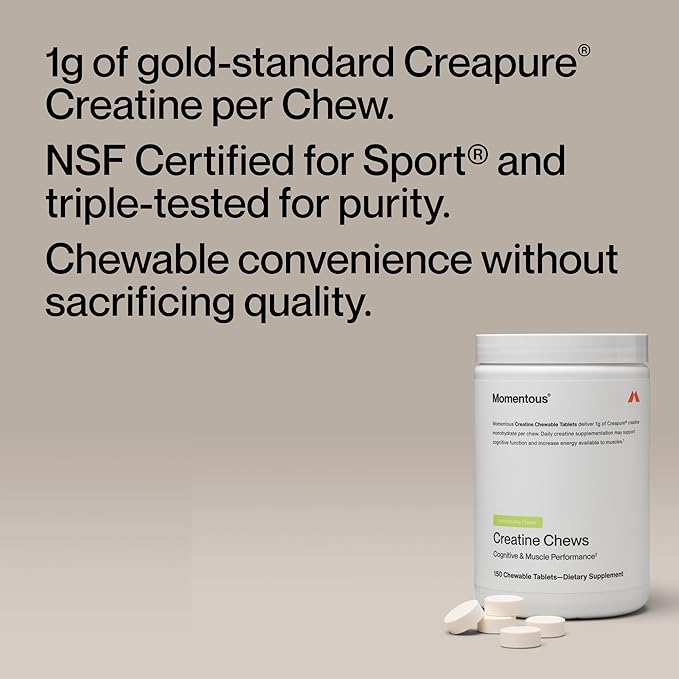 Momentous Creatine Chews - Creapure Creatine Monohydrate - Supports Strength, Lean Muscle, & Recovery for Men & Women - NSF Certified for Sport - 150 Chewable Tablets - Lemon Lime