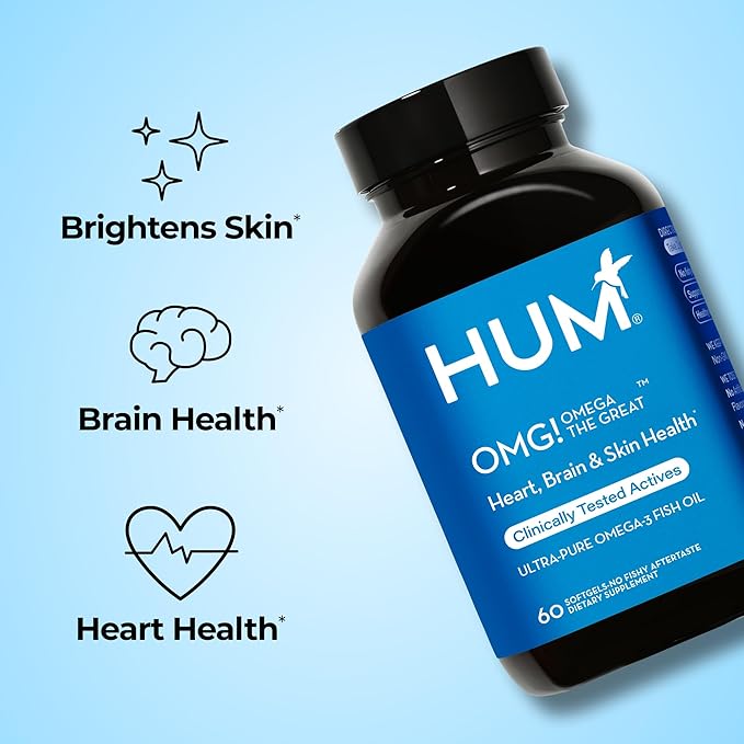HUM OMG! Omega The Great Triple Omega 3 Fish Oil Supplement for Women & Men with Vitamin E, DHA & EPA, Skin Care & Skin Tone Support for Heart & Brain Health, Gluten Free, Non GMO, 60 Softgels