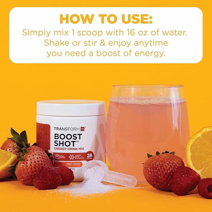 TransformHQ Energy & Focus Powder (Fruit Punch) - Boost Shot Clean Energy Drink Mix - Sugar Free - Non-GMO, Gluten-Free - 28 Servings
