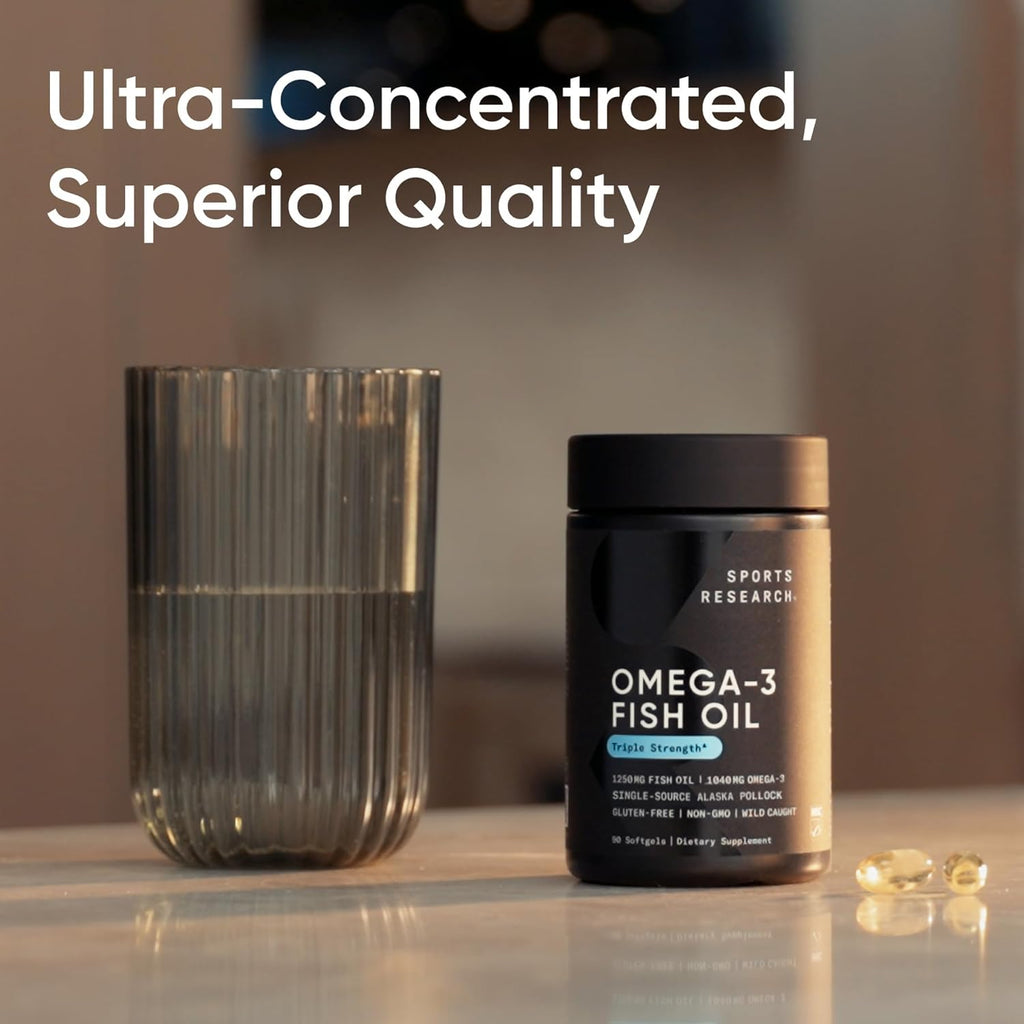 Sports Research Triple Strength Omega 3 Fish Oil - Burpless Fish Oil Supplement w/EPA & DHA Fatty Acids from Single-Source Wild Alaskan Pollock - 1250 mg, 180 ct