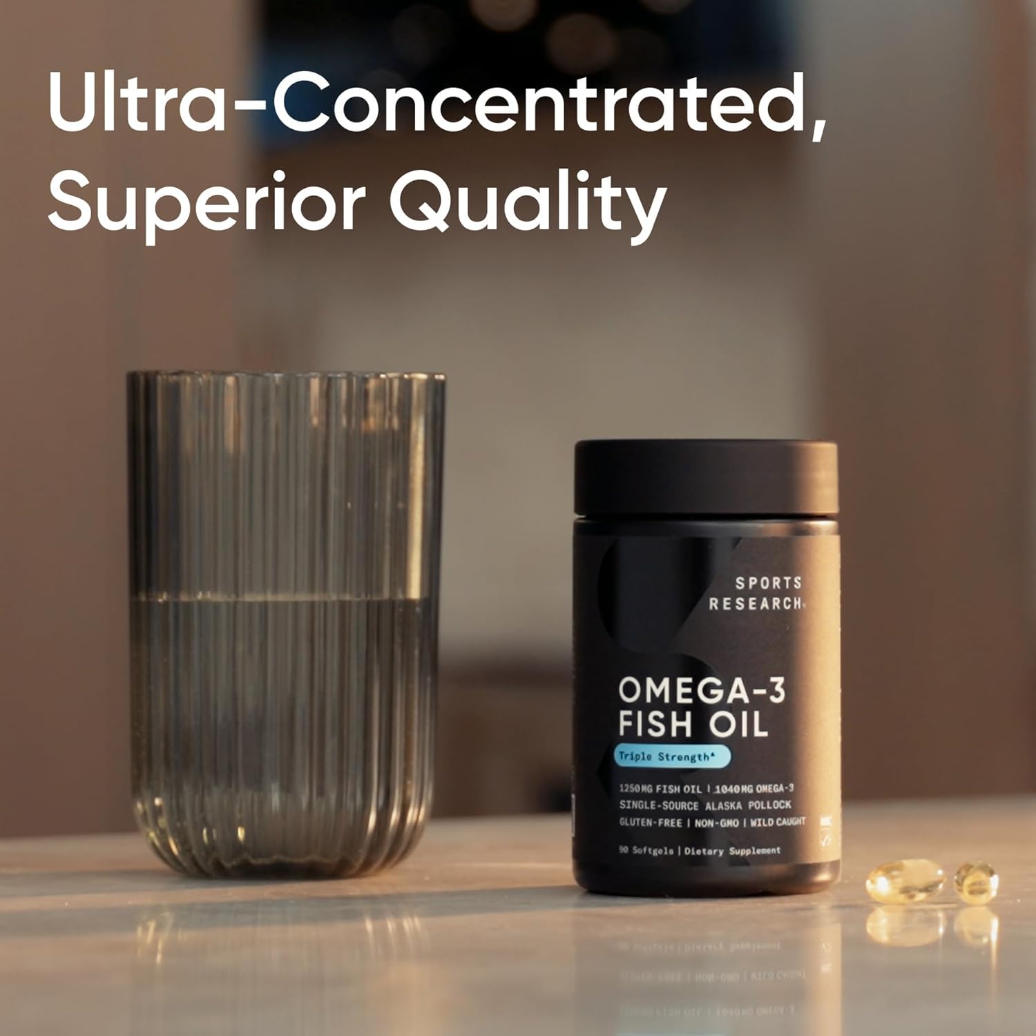 Sports Research Triple Strength Omega 3 Fish Oil - Burpless Fish Oil Supplement w/EPA & DHA Fatty Acids from Single-Source Wild Alaskan Pollock - 1250 mg, 180 ct