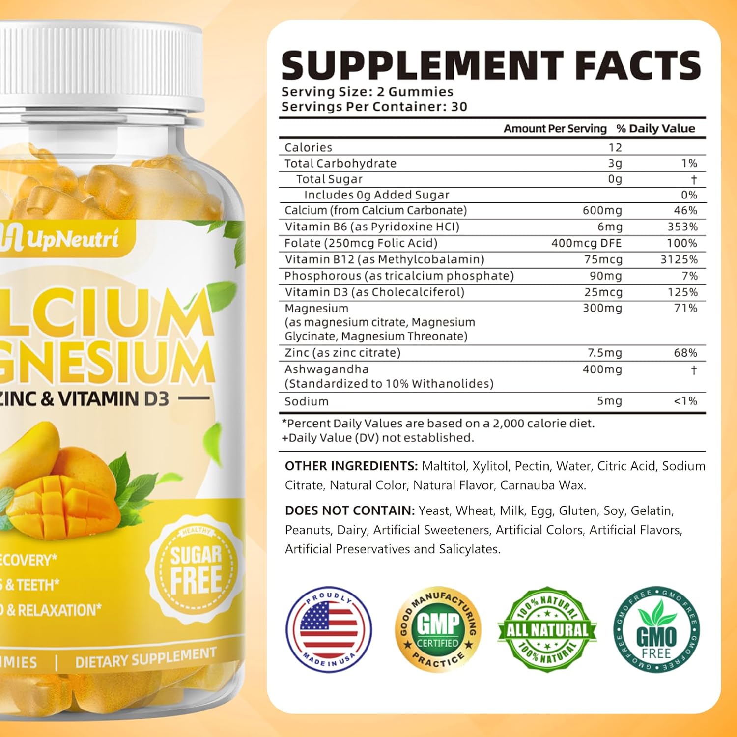 Calcium Magnesium Zinc with Vitamin D3 Supplement, Sugar Free Calcium Gummies for Women Men, High Absorption Zinc Gummies for Bone & Muscle & Immune Health, Vegan Mango Flavor - 60 Count