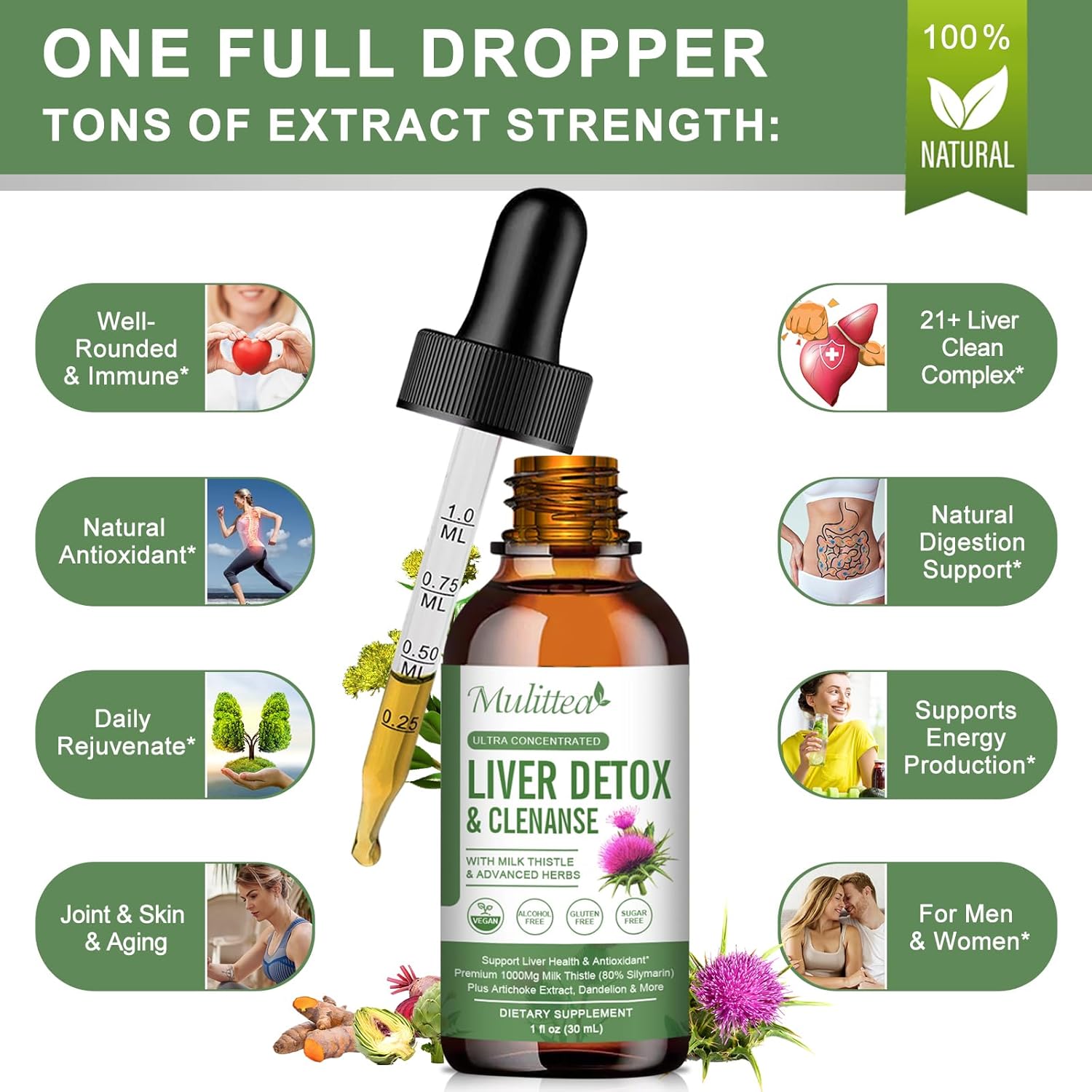 Liver Health Liquid Drops -Support Liver Cleanse Detox & Repair with Artichoke Milk Thistle Silymarin Extract, Dandelion,Turmeric, Berberine to Renew w/21 Potent Herb-Nutrients-