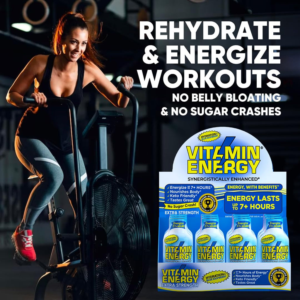 Vitamin Energy Hydration+ Extra Strength Energy Shot Blue Raspberry 12 Pack, 260mg Natural Caffeine, Electrolytes, BCAAs, Amino Acids, Hydration & Performance, Zero Sugar, Gluten-Free, 1.93 fl oz