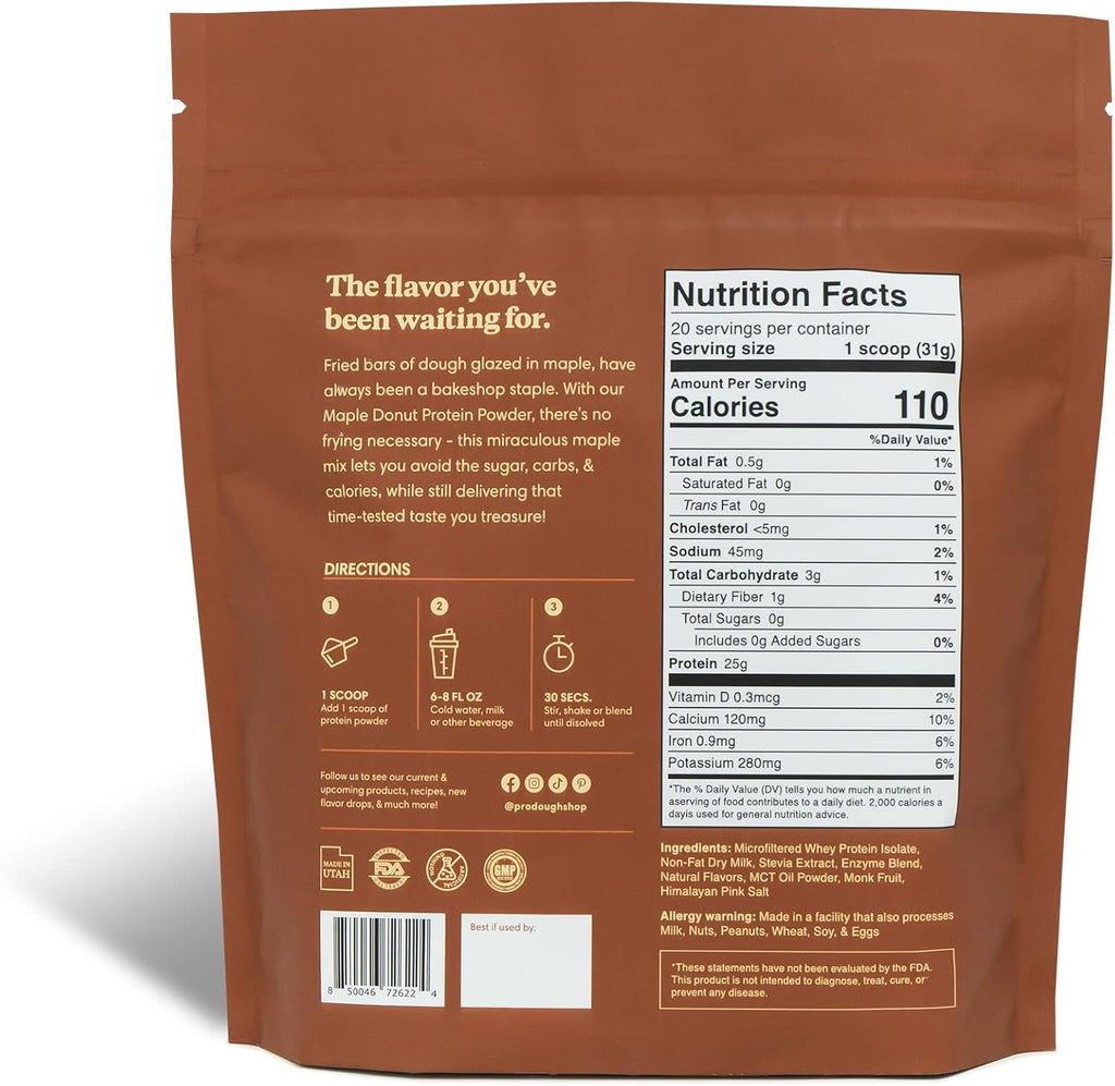 ProDough Gourmet Whey Isolate Hydrolized Protein Powder for Shake Mix- Easy Digest Enzyme Blend, 25g Protein per Serving, Natural Ingredients, Gluten Free, Keto Friendly (Maple Donut)