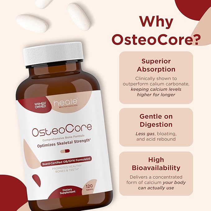 OsteoCore - Calcium Supplements for Women (1 Month Supply) Osteoporosis & Bone Health - Calcium Absorption - Vitamin D3 & Vitamin K2 Complex - Gluten Free, Non GMO, Made in USA by Heale - 120 Tablets