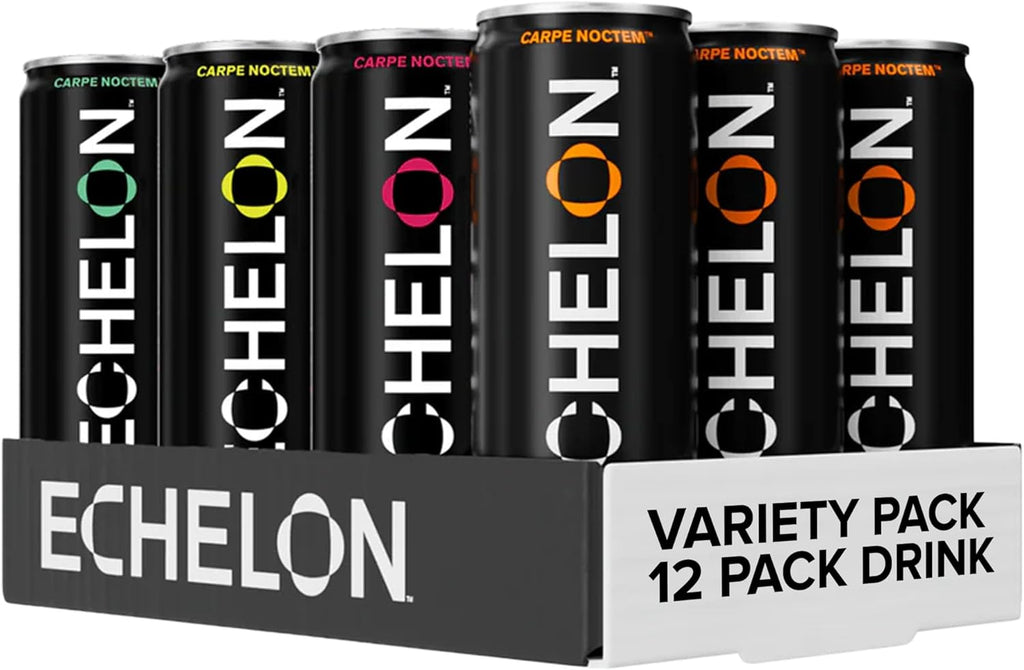 Echelon Pre-Workout Energy Drink - 12-Pack, Variety Pack - Peak Performance, Sustained Energy, Focus and Endurance Dietary Supplement - 300mg of Caffeine, Beta-Alanine, L-Theanine & Fiber - Vegan