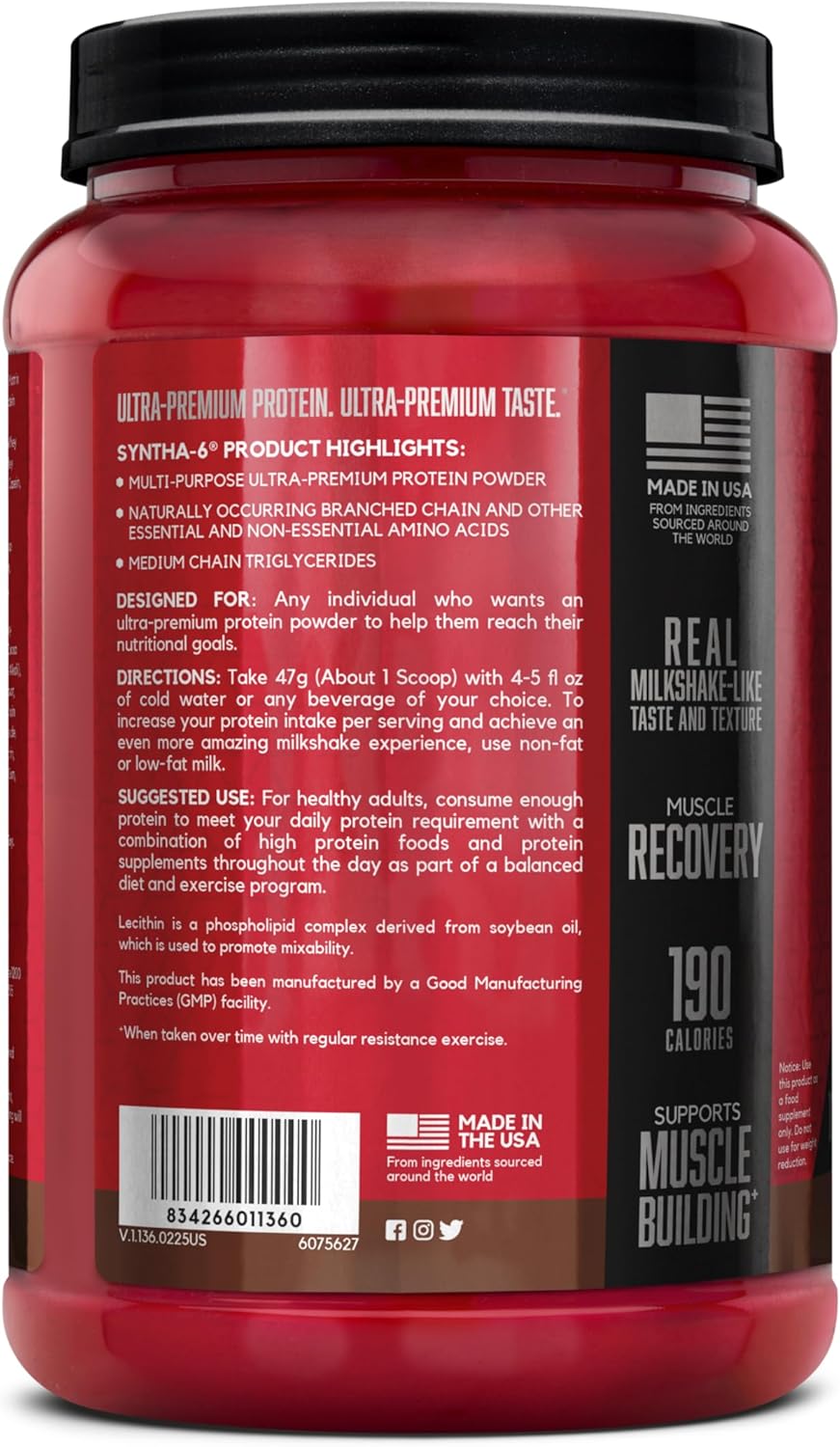 BSN SYNTHA-6 Premium Protein Powder with 6g of Fiber, Whey Protein, Micellar Casein, Milk Protein Isolate Blend, 5g Fat, Chocolate Milkshake, 14 Servings (Packaging May Vary)