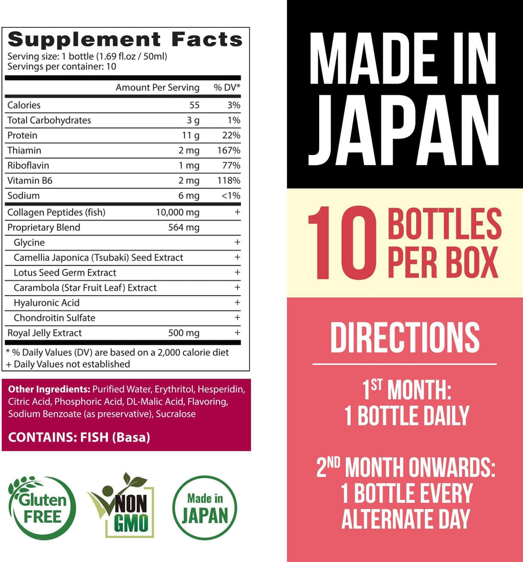AFC Japan Tsubaki Ageless Beauty Collagen Drink from Japan with 10,000mg Marine Collagen Peptides + 500mg Royal Jelly + Hyaluronic Acid + Vitamin Bs & C for Skin Revitalization 1.69fl.ozx10sx3